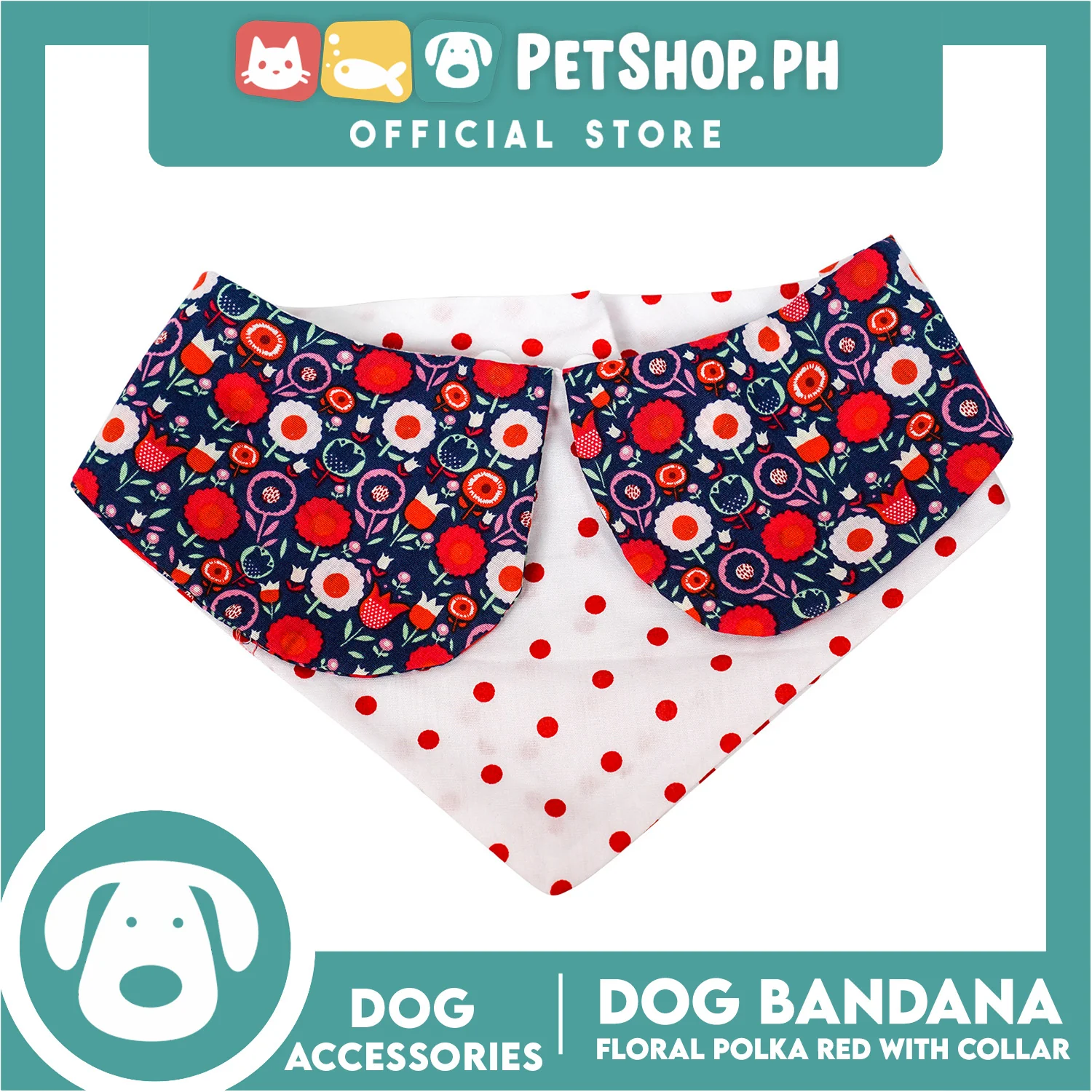 Dog Pet Bandana Red Floral Polka Dots Design with Collar Washable Scarf (Large) - Image 2