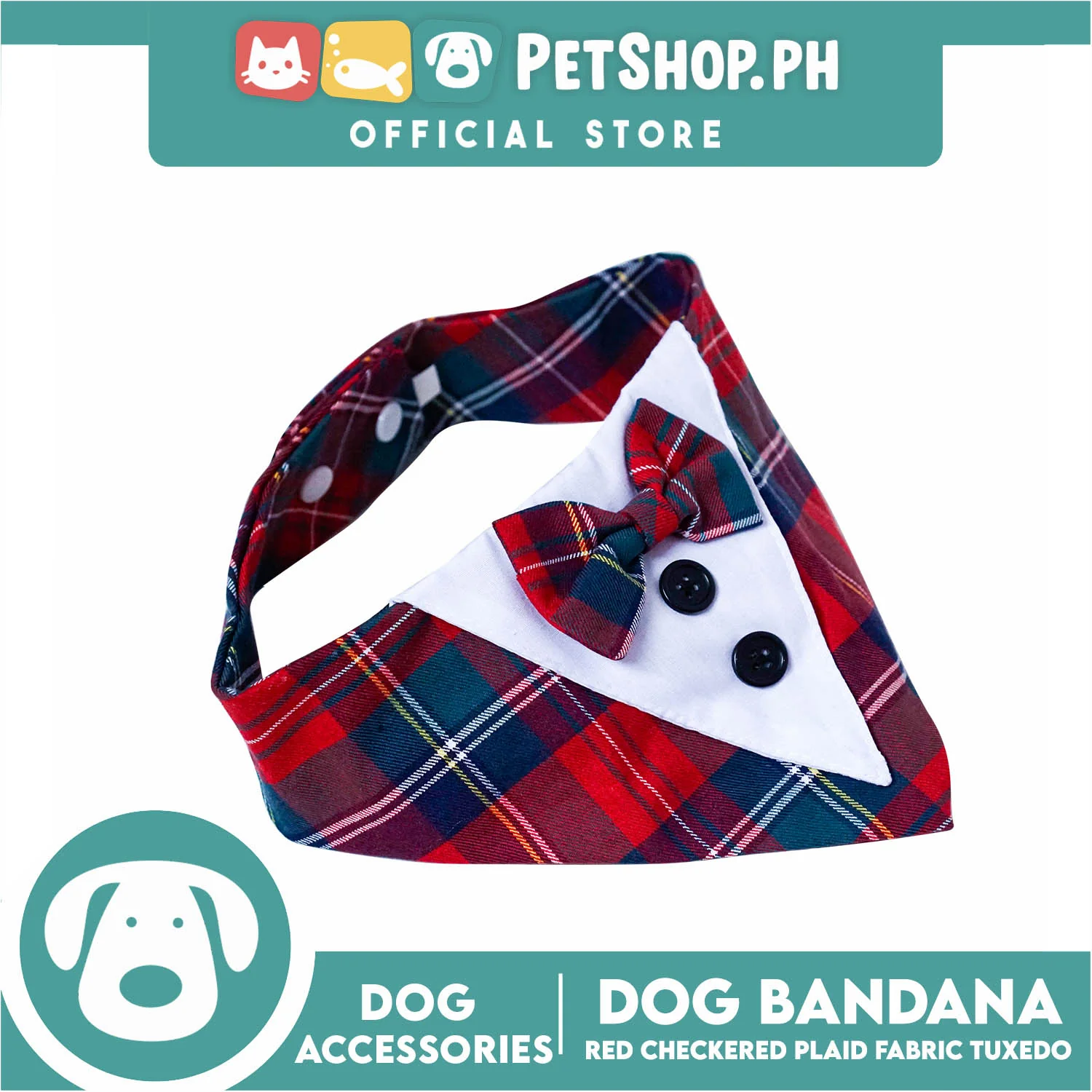 Dog Pet Bandana (Small) Red Checkered Plaid Fabric Tuxedo Design Washable Scarf - Image 3
