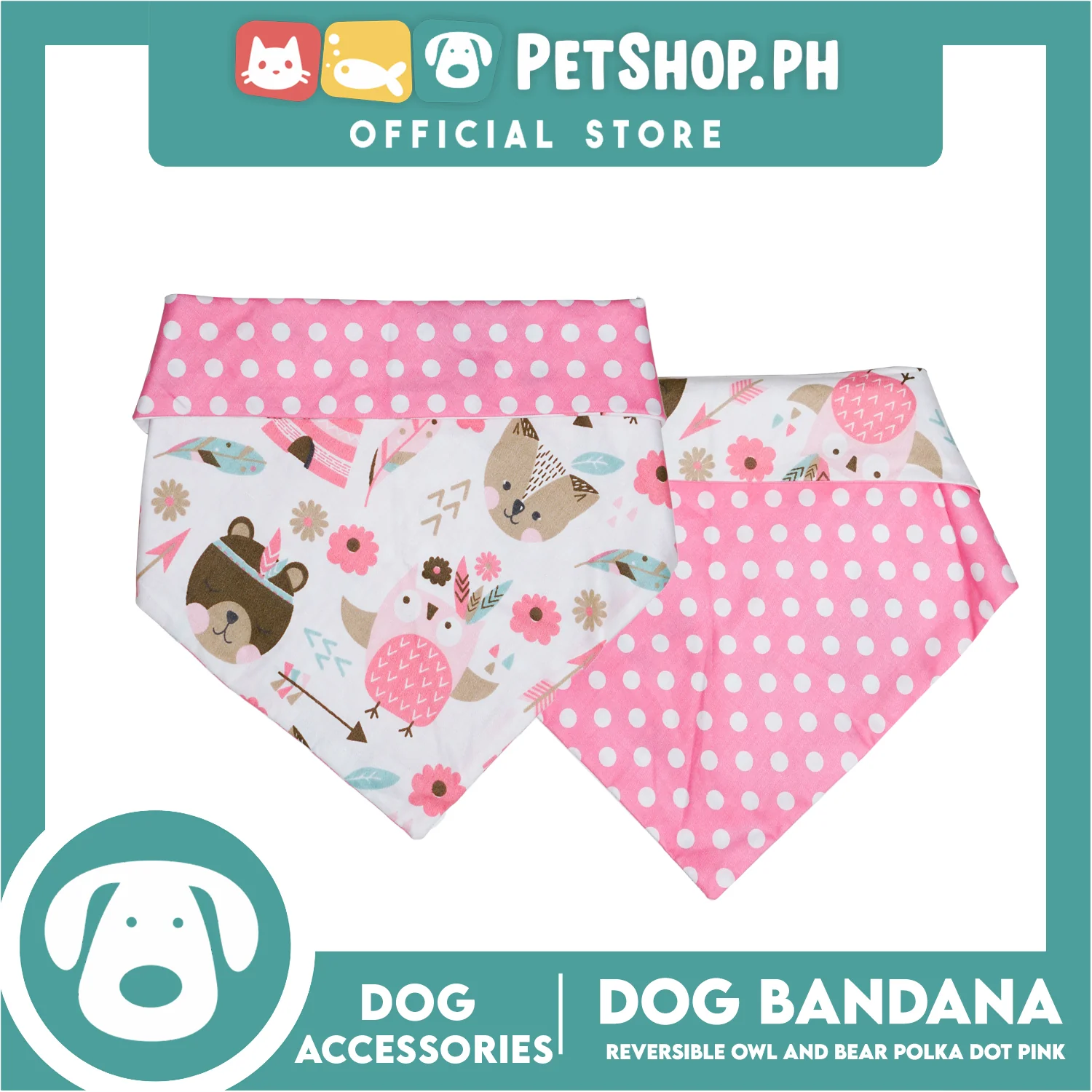 Dog Pet Bandana (Small) Reversible Owl and Bear Polka Dot Pink Washable Scarf - Image 2