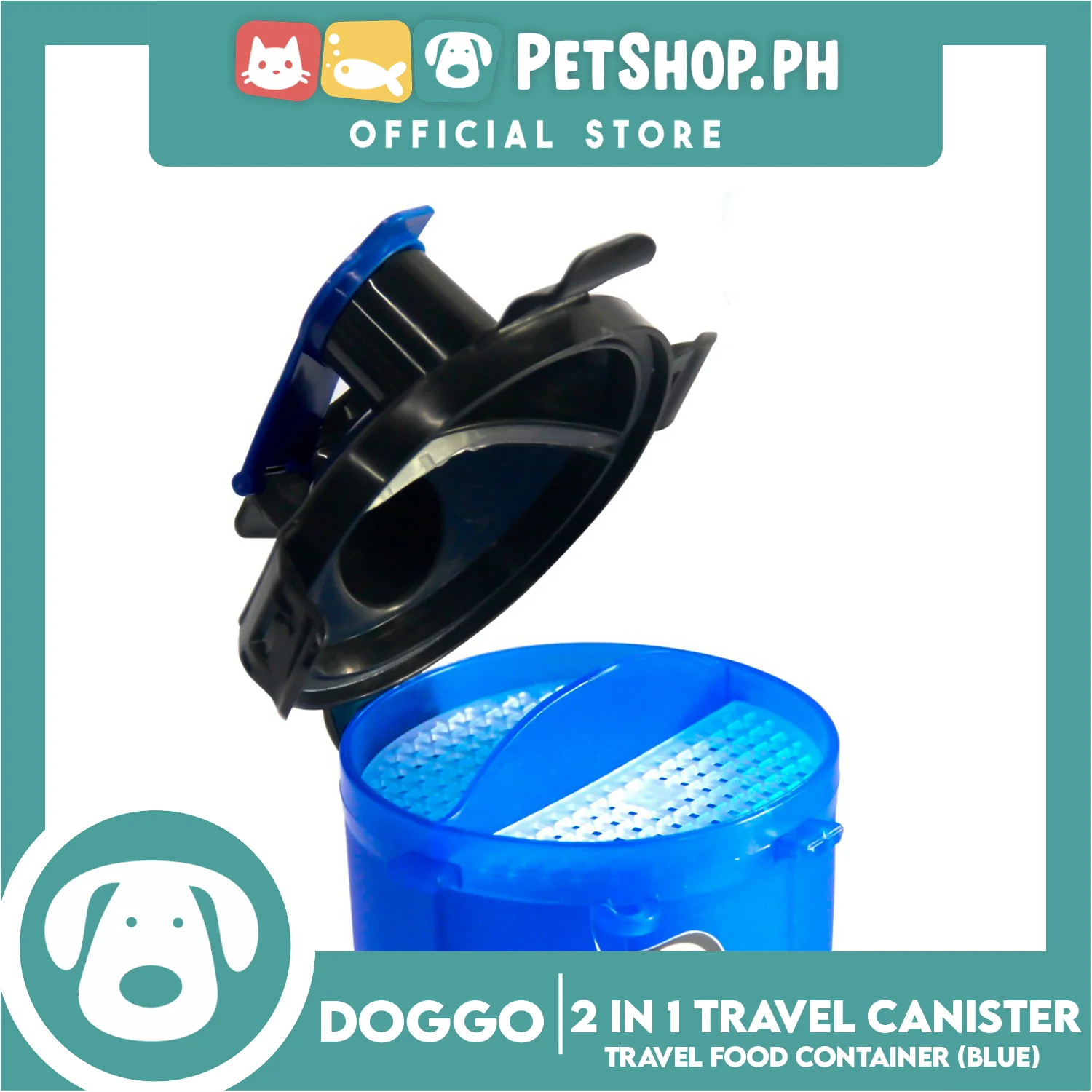 Doggo 2 in 1 Travel Canister, Durable Hard Plastic (Blue) - Image 3