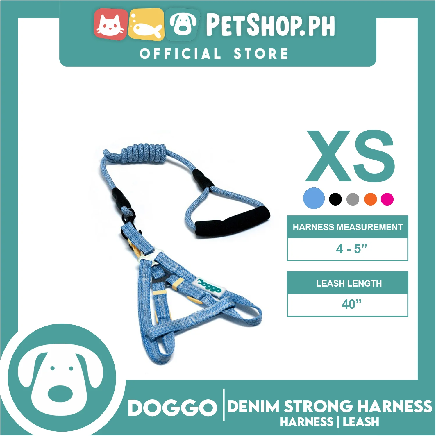 Doggo Atlanta Strong Harness and Leash Set Extra Small Size (Blue)