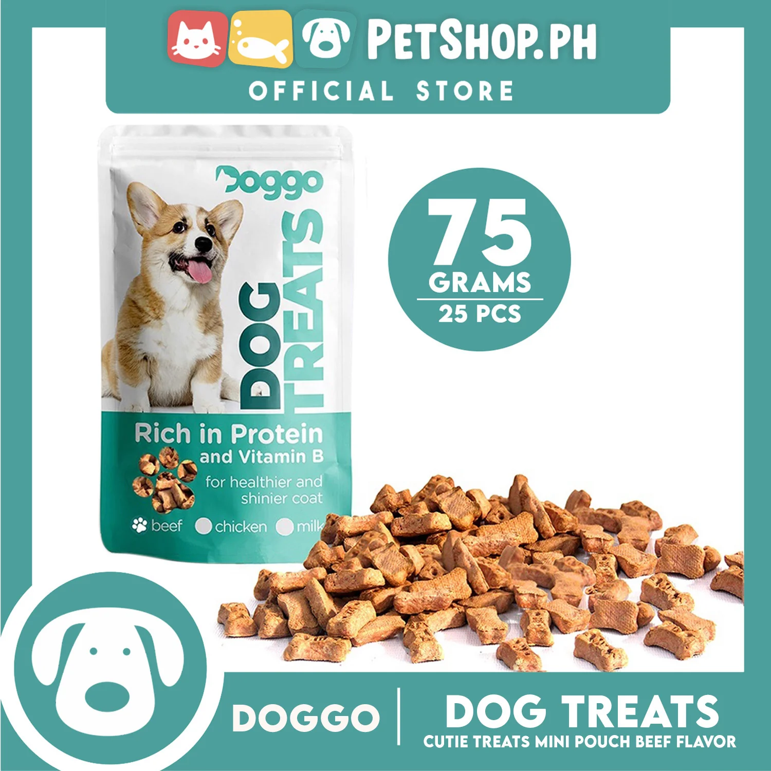 Doggo Dog Cutie Treats Mini Pouch 75 grams, 25 pcs. (Beef Flavor) Mini Pouch Treats for Your Dog