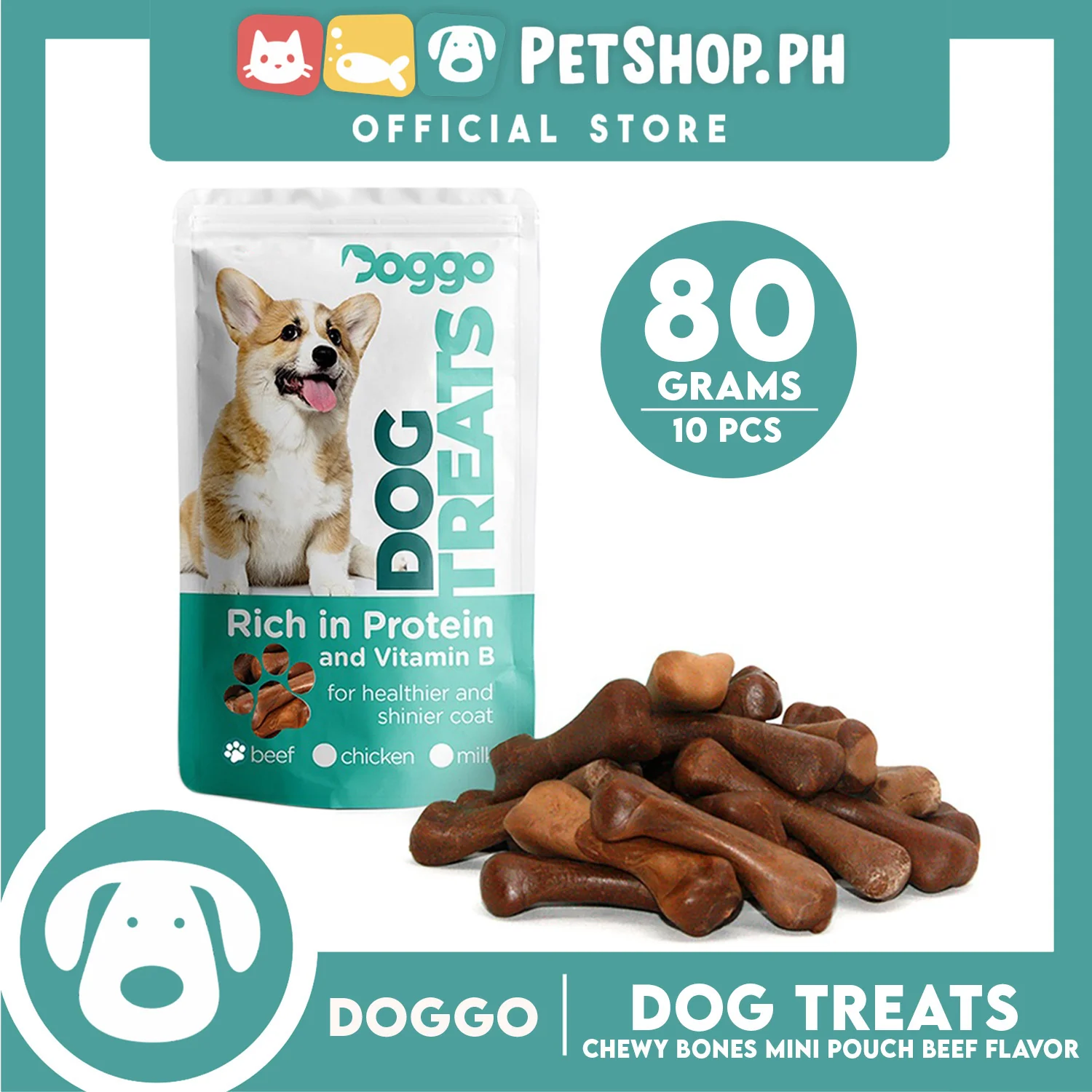 Doggo Dog Treats Chewy Bones Mini Pouch 80 grams, 10 pcs. (Beef Flavor) Treats Mini for Your Dog