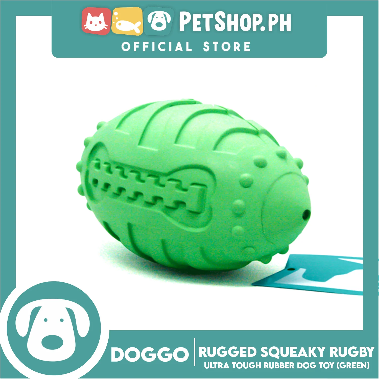 Doggo Rugged Squeaky Rugby (Green) Dog Toy Pet Toy - Image 3