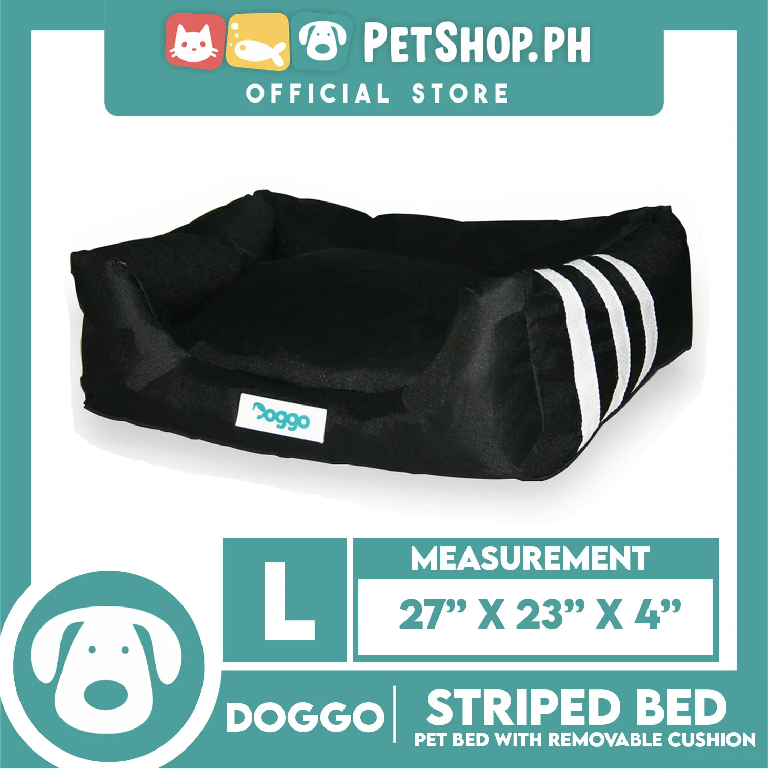 Doggo Striped Bed Black with White Striped (Large) with Removable Cushion