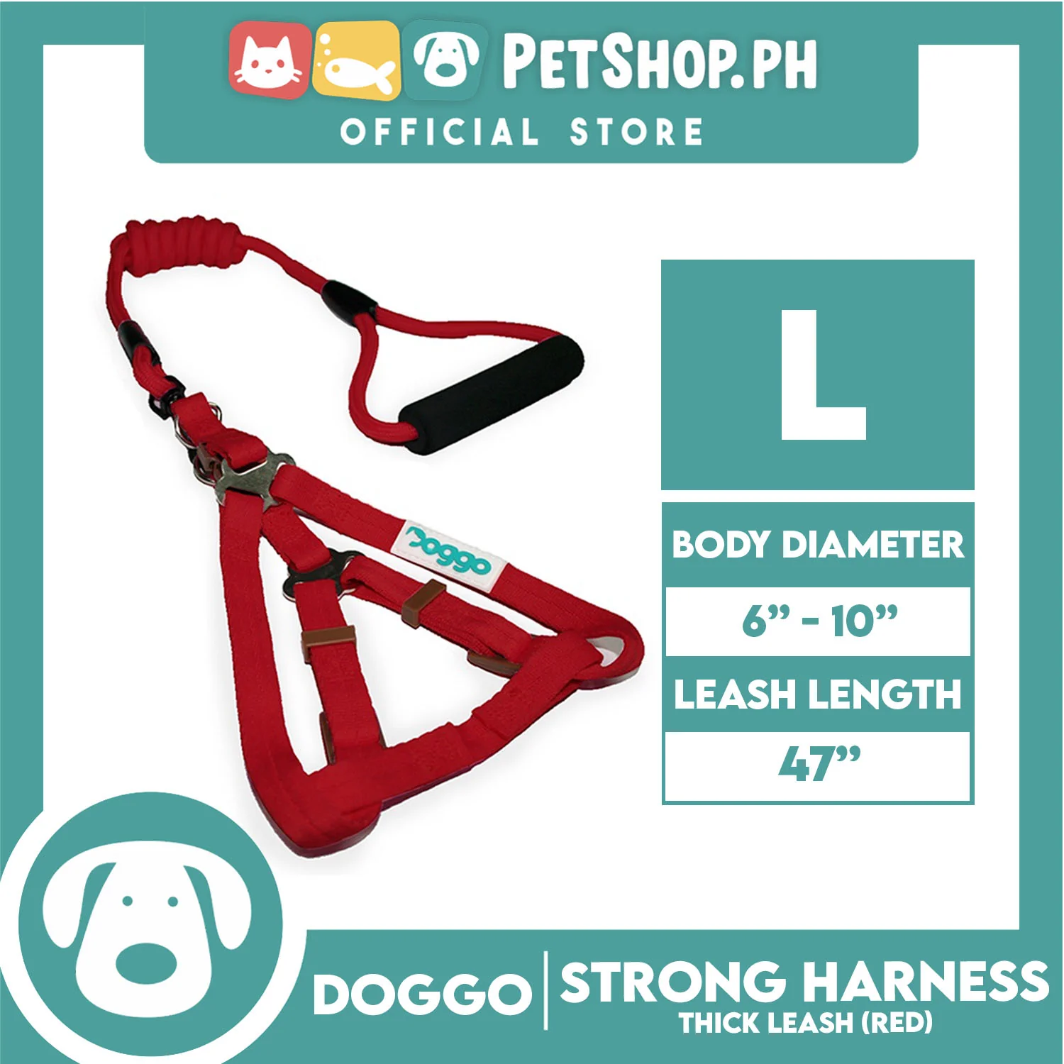 Doggo Strong Harness Thick Leash Soft Handle Steel Connector Large (Red) Safe Harness for Your Dog