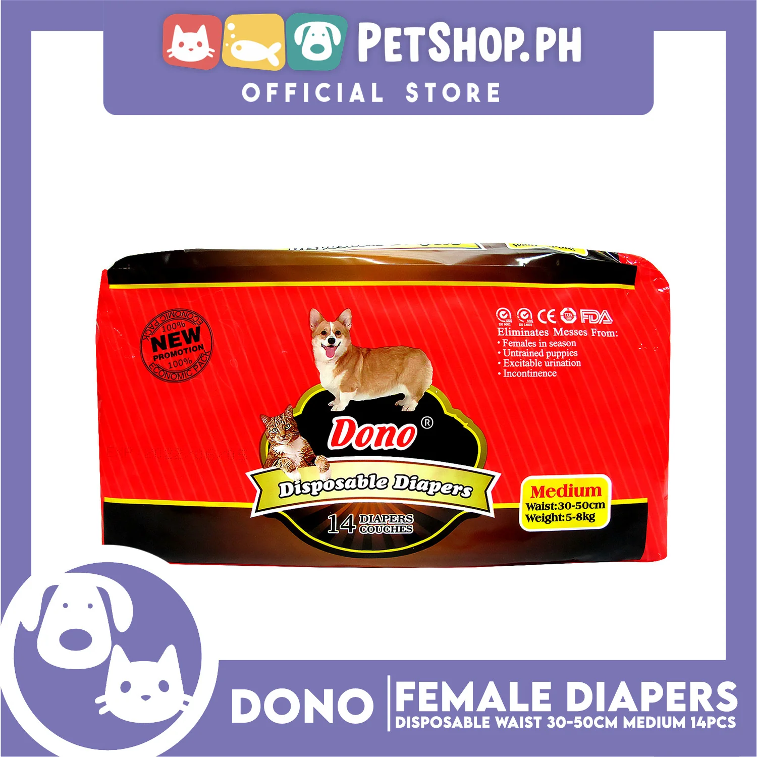 Dono Disposable Diapers Super Absorbent Medium 14 pcs For Female Dogs - Image 2