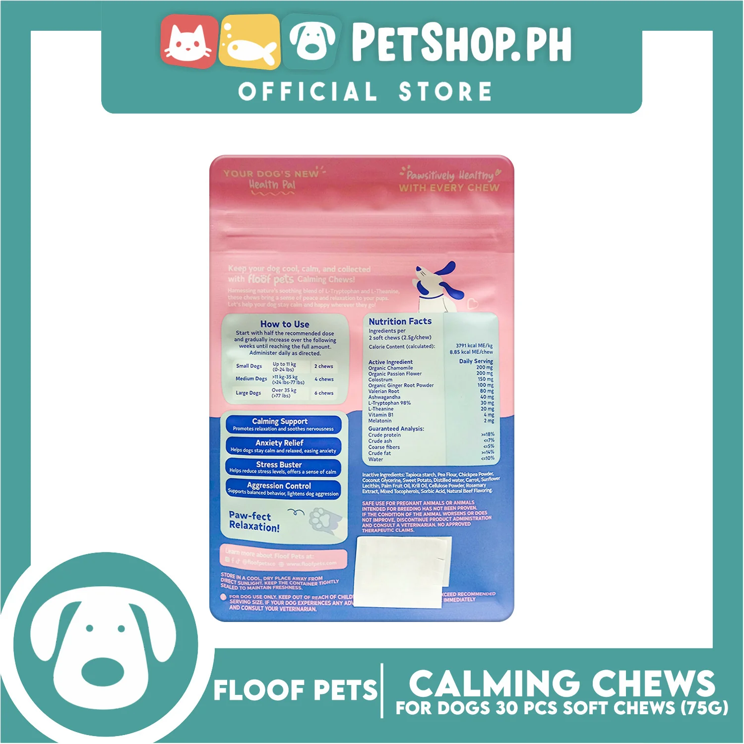 Floof Pets Calming Chews Dietary Food Supplement (Beef Flavor) for All Ages 75g 2.65oz - Image 4