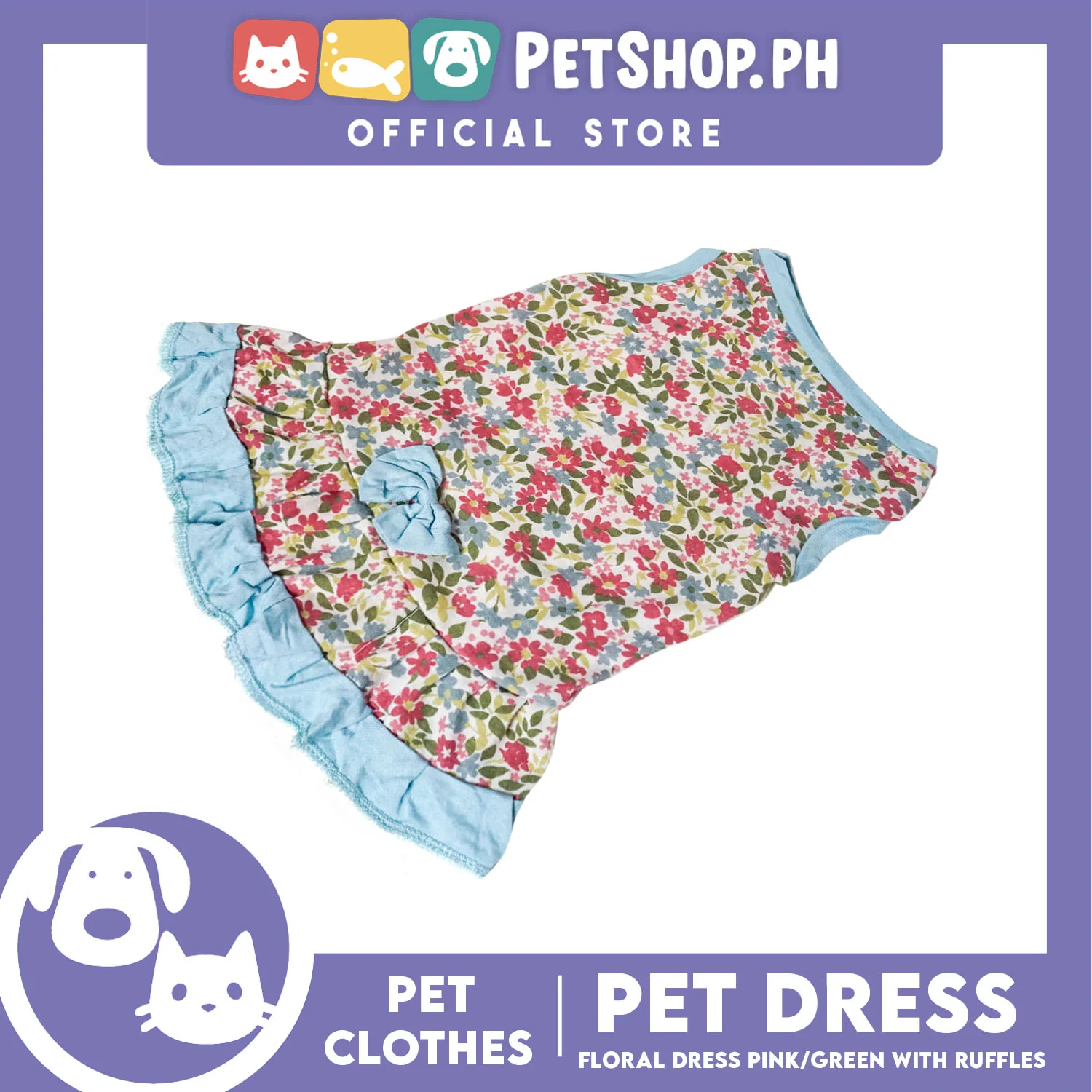 Floral Dress Pink / Green with Ruffles (Large) for Puppy, Small Dogs and Cats - Image 5
