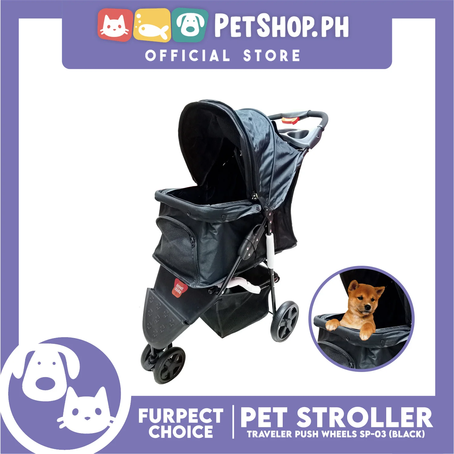 Furfect Choice Foldable 3-Wheeled Travel Stroller For Dog And Cat Accessories SP-03 (Black) - Image 2