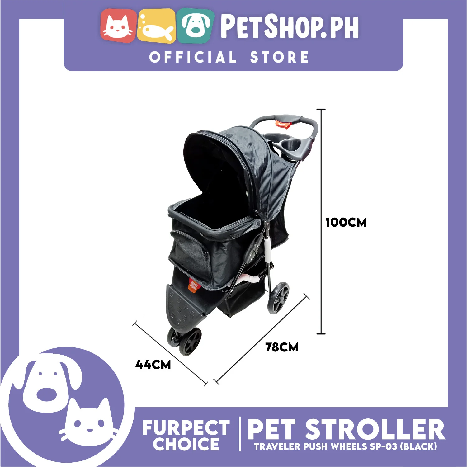 Furfect Choice Foldable 3-Wheeled Travel Stroller For Dog And Cat Accessories SP-03 (Black) - Image 3