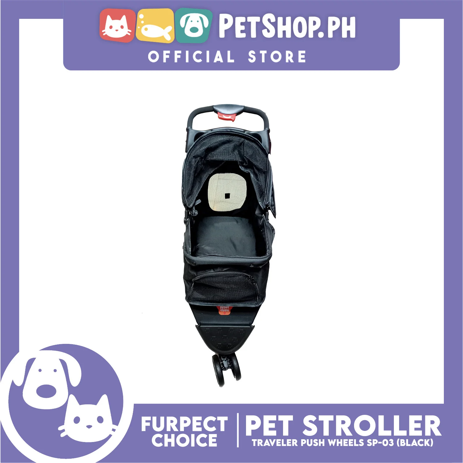 Furfect Choice Foldable 3-Wheeled Travel Stroller For Dog And Cat Accessories SP-03 (Black) - Image 4