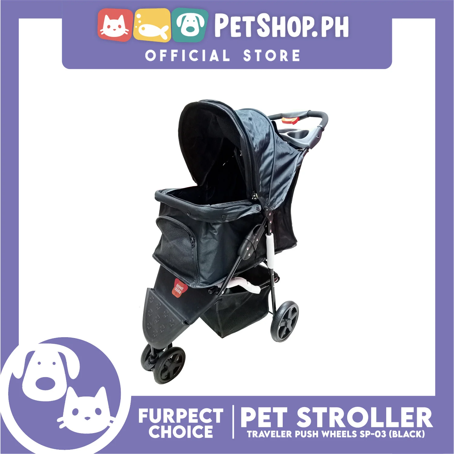 Furfect Choice Foldable 3-Wheeled Travel Stroller For Dog And Cat Accessories SP-03 (Black) - Image 6