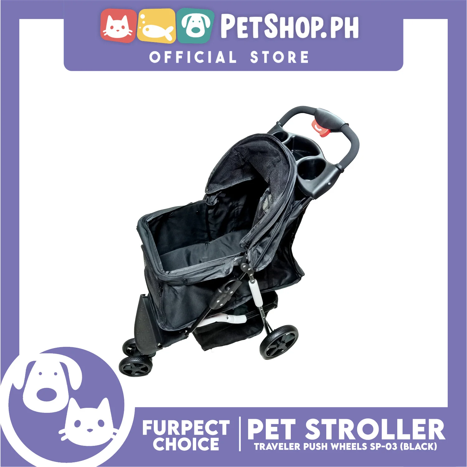 Furfect Choice Foldable 3-Wheeled Travel Stroller For Dog And Cat Accessories SP-03 (Black) - Image 7