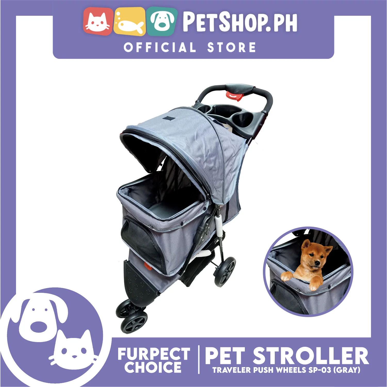 Furfect Choice Foldable 3-Wheeled Travel Stroller For Dog And Cat Accessories SP-03 (Gray) - Image 2