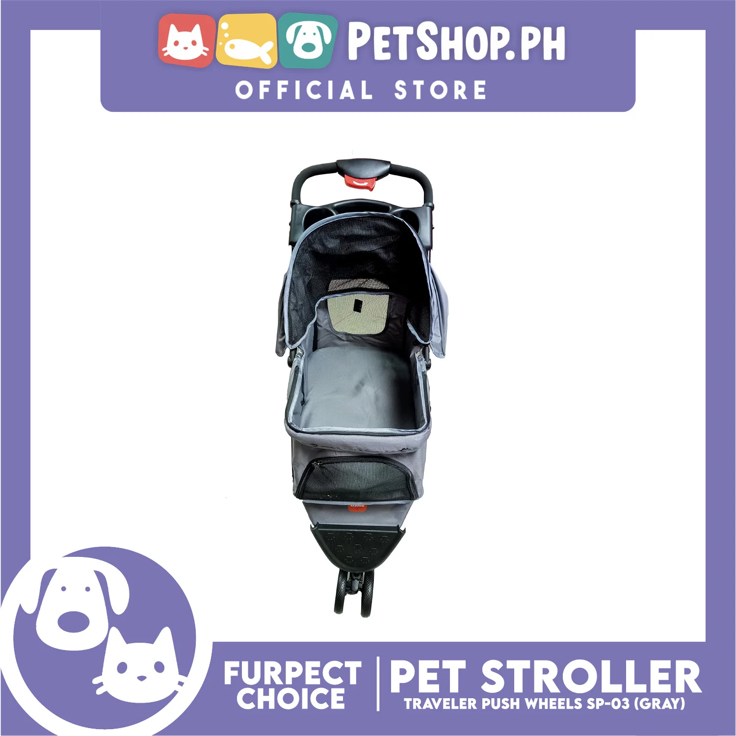 Furfect Choice Foldable 3-Wheeled Travel Stroller For Dog And Cat Accessories SP-03 (Gray) - Image 3
