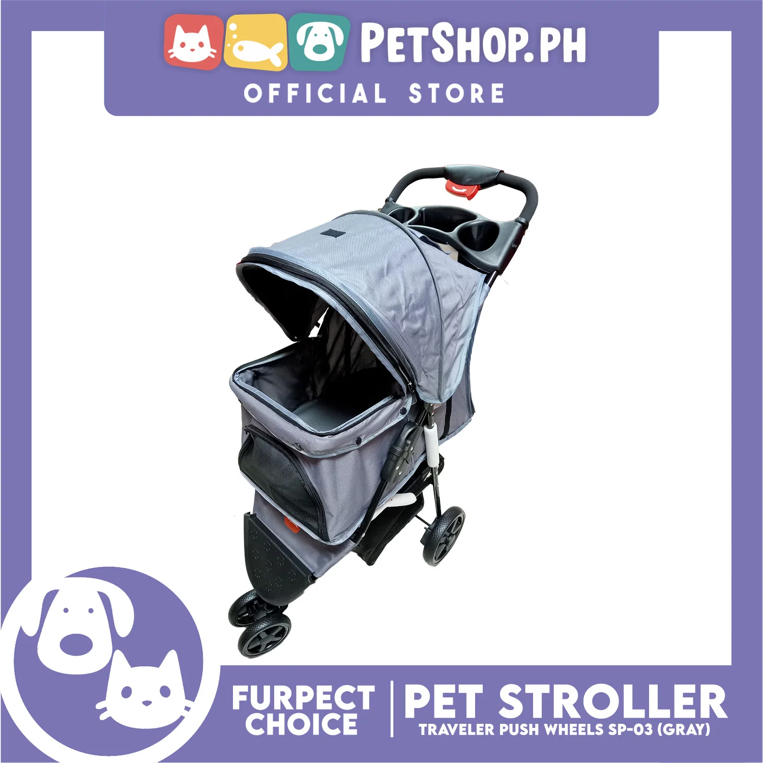 Furfect Choice Foldable 3-Wheeled Travel Stroller For Dog And Cat Accessories SP-03 (Gray) - Image 6