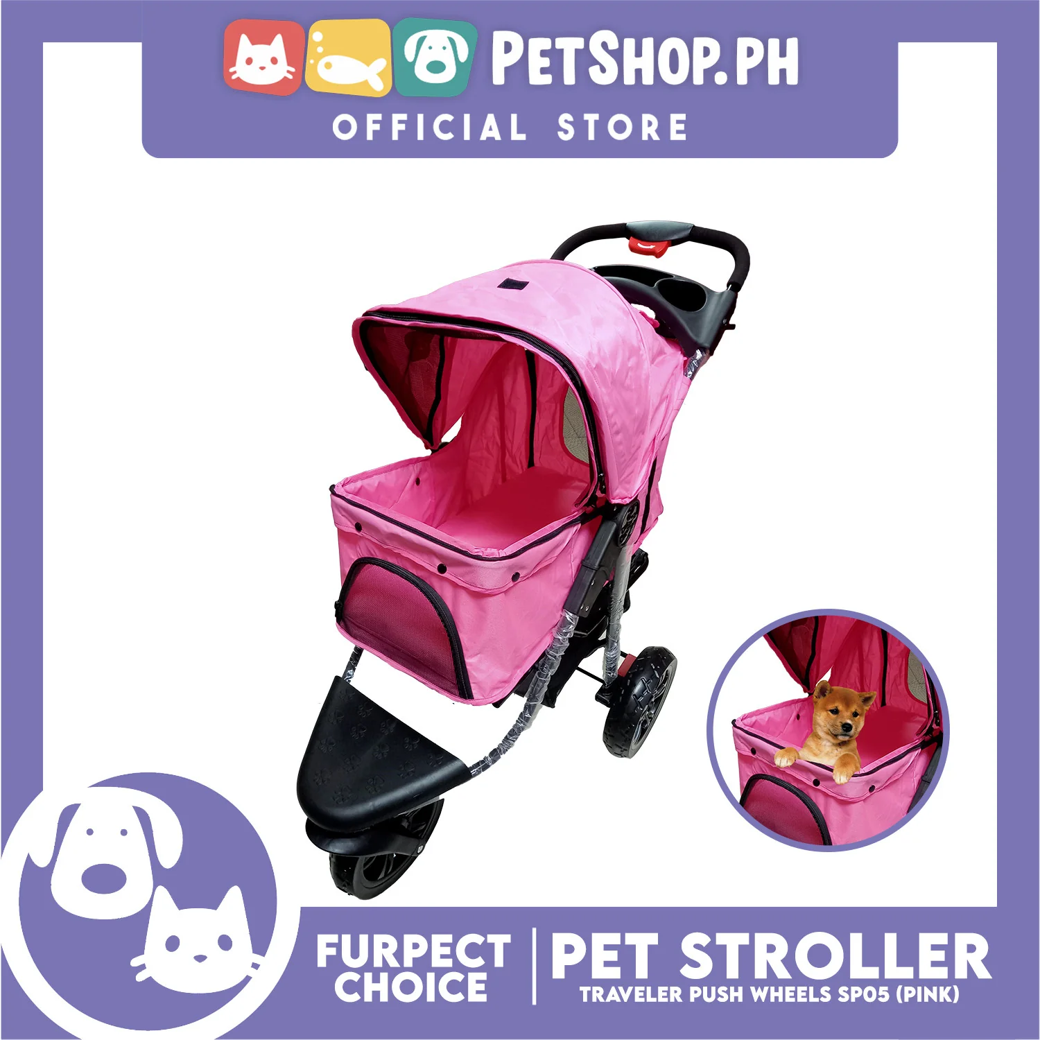 Furfect Choice Foldable 3-Wheeled Travel Stroller For Dog And Cat Accessories SP05 (Pink) - Image 2