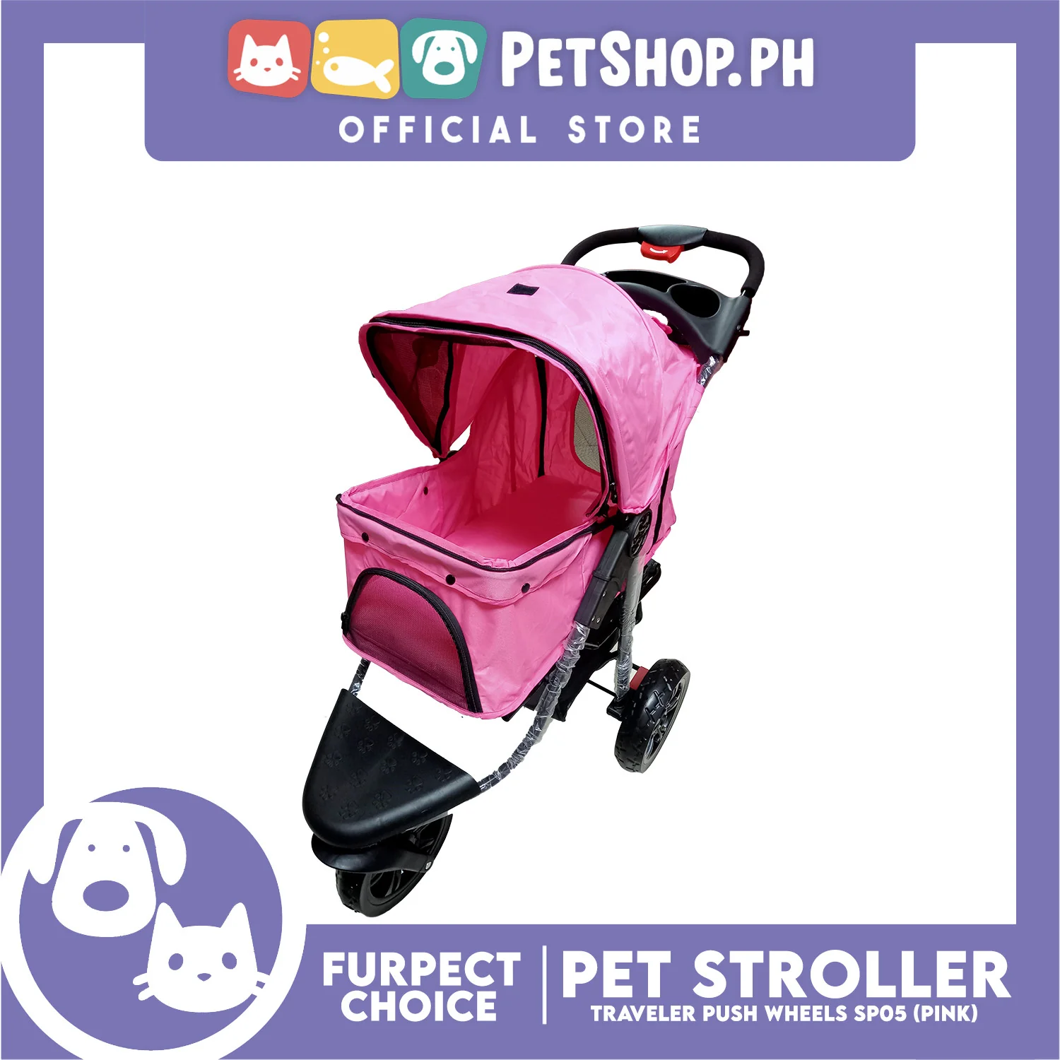 Furfect Choice Foldable 3-Wheeled Travel Stroller For Dog And Cat Accessories SP05 (Pink) - Image 3