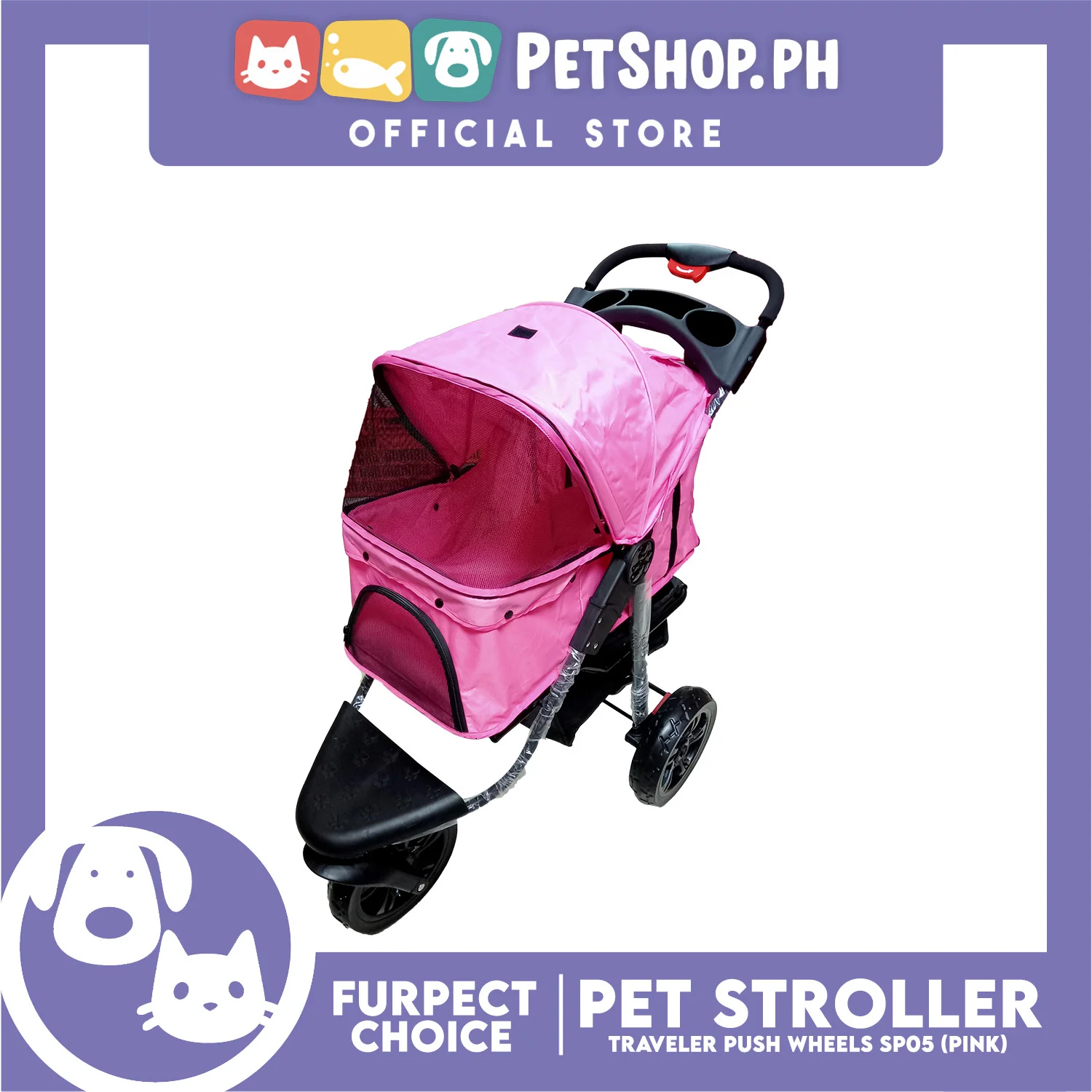Furfect Choice Foldable 3-Wheeled Travel Stroller For Dog And Cat Accessories SP05 (Pink) - Image 4