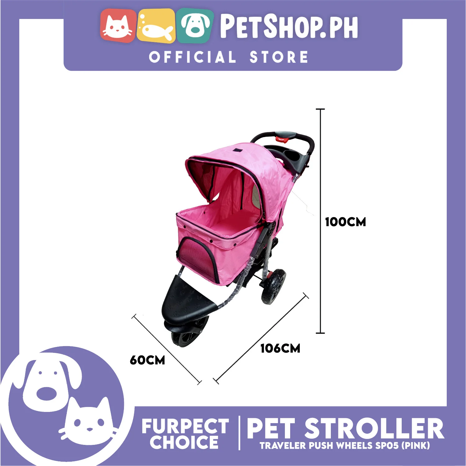 Furfect Choice Foldable 3-Wheeled Travel Stroller For Dog And Cat Accessories SP05 (Pink) - Image 5