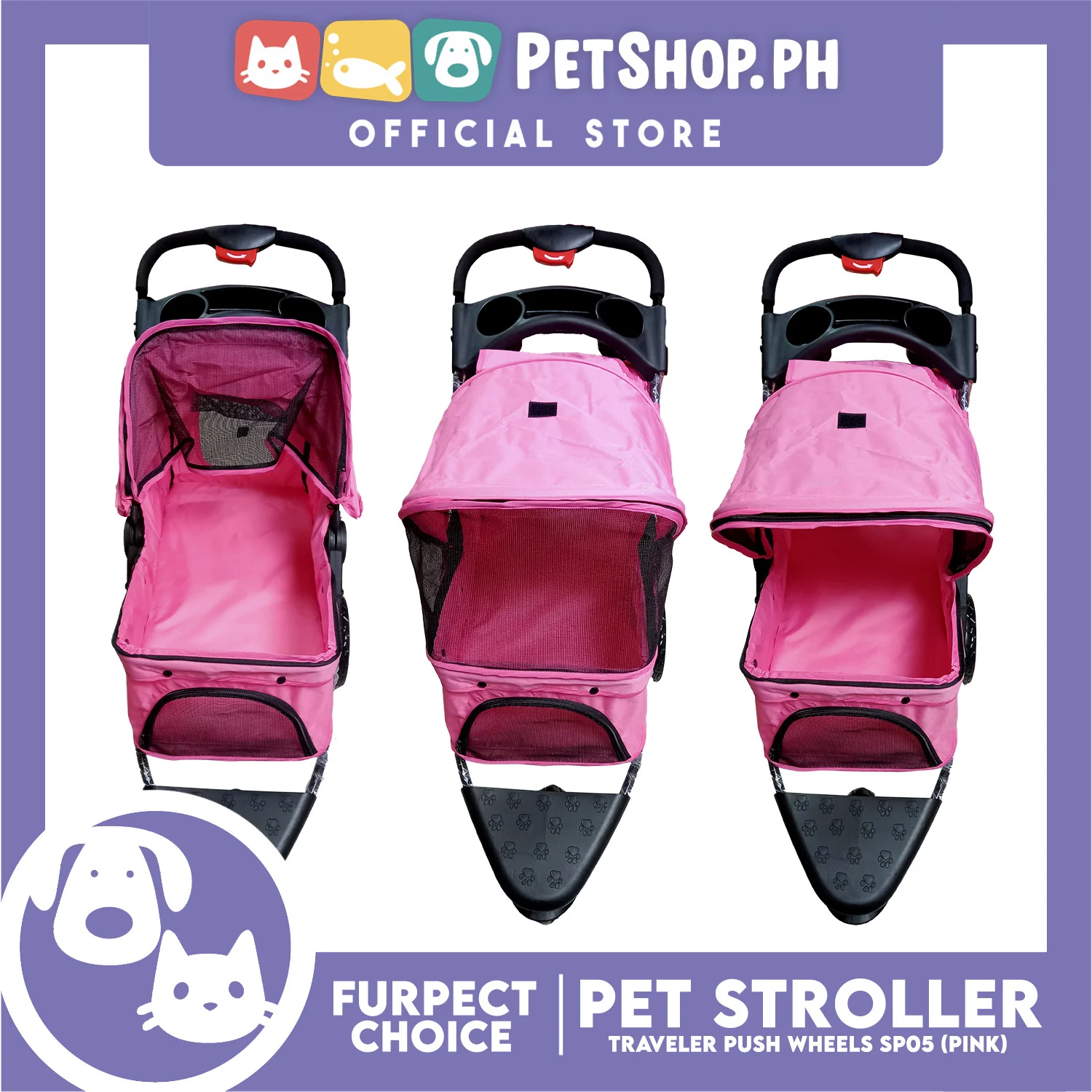 Furfect Choice Foldable 3-Wheeled Travel Stroller For Dog And Cat Accessories SP05 (Pink) - Image 6