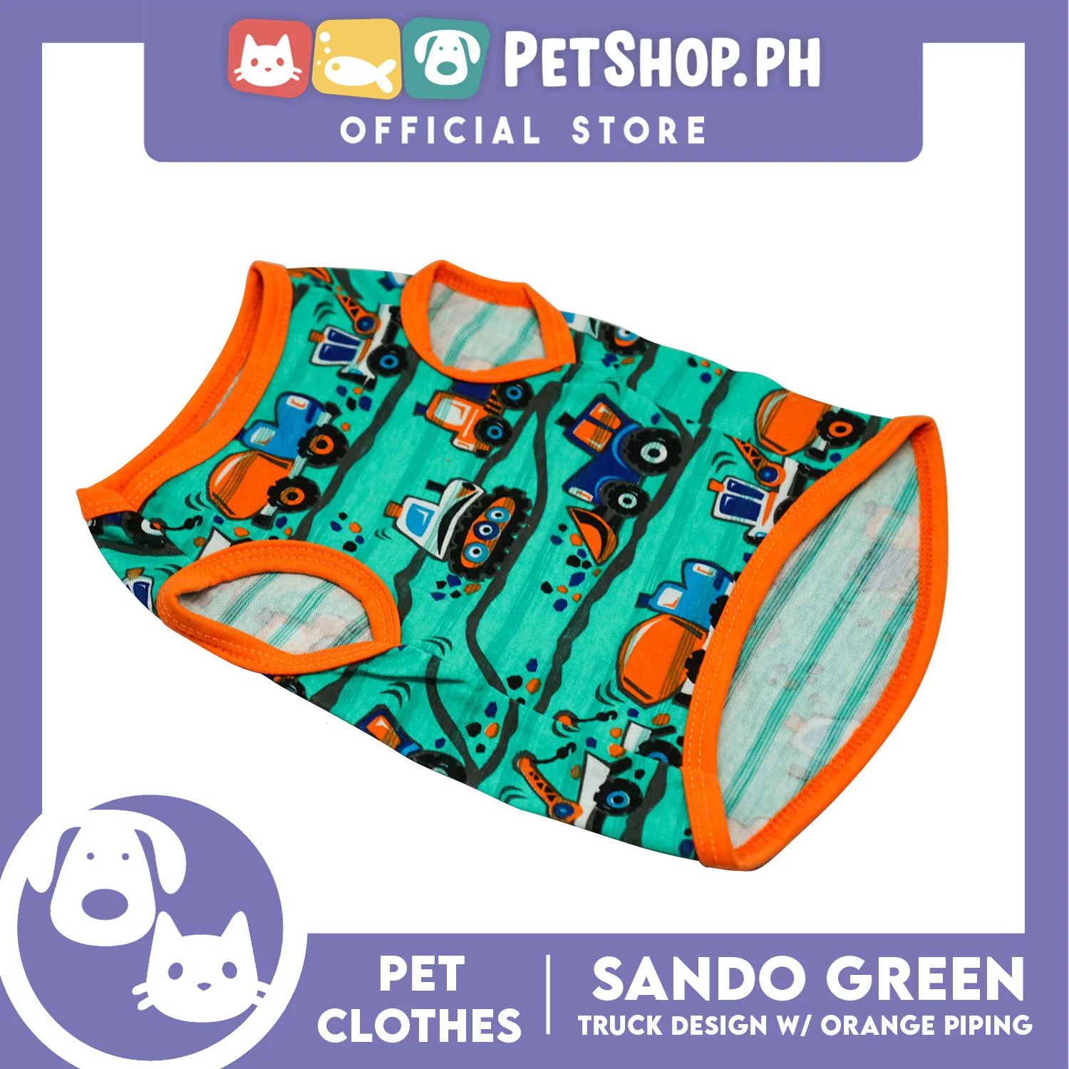 Green Pet Sando with Truck Design with Orange Piping Sleeveless (Extra Large) for Puppy, Small Dogs and Cats - Image 2