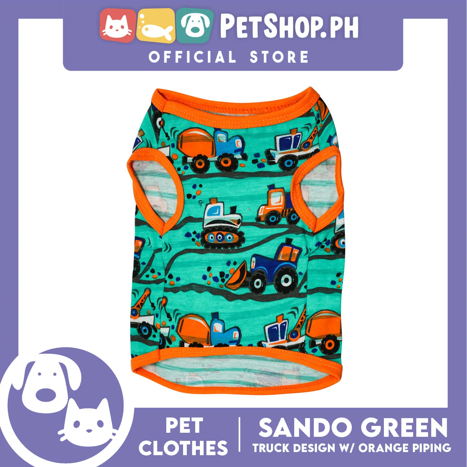 Green Pet Sando with Truck Design with Orange Piping Sleeveless (Medium) for Puppy, Small Dogs - Image 4