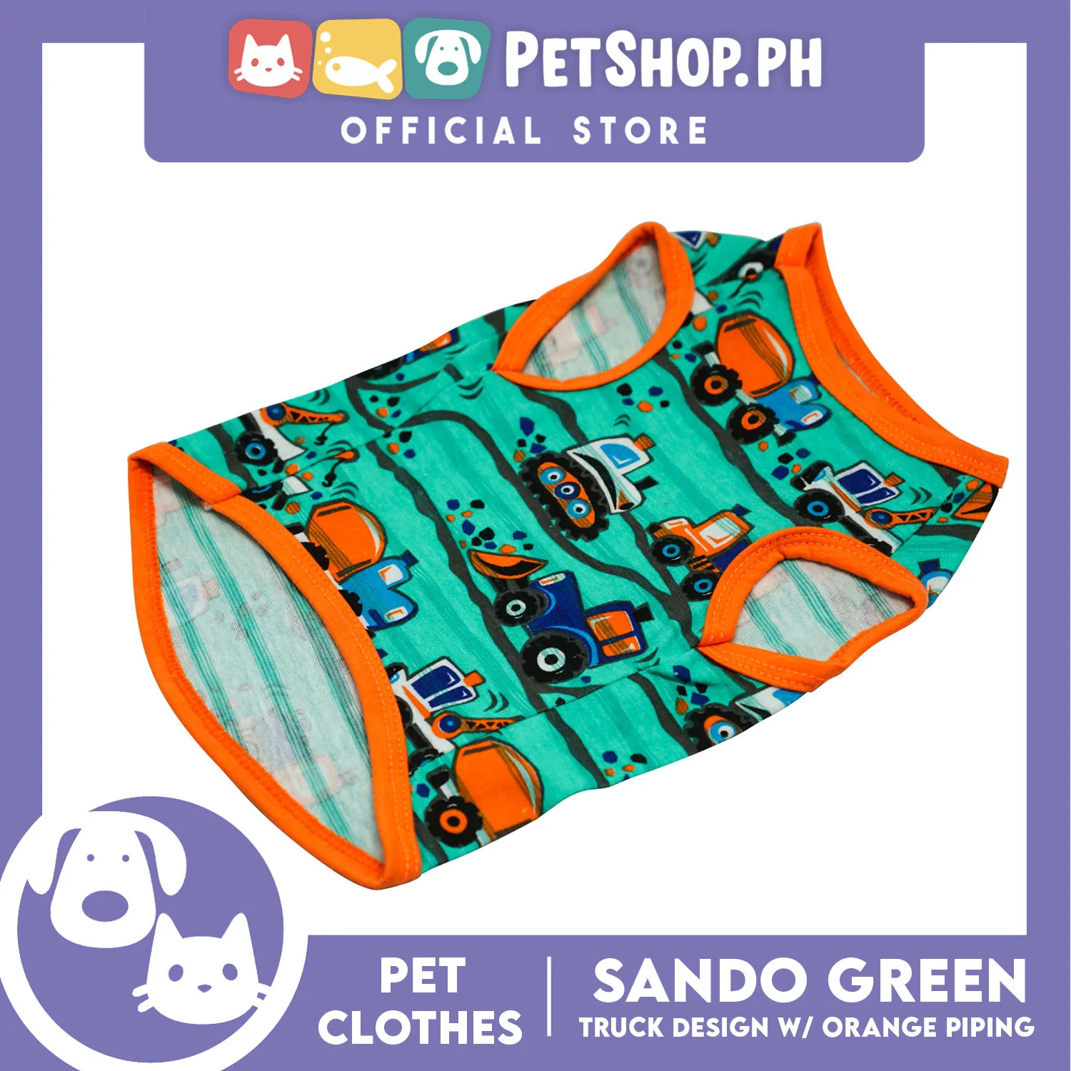 Green Pet Sando with Truck Design with Orange Piping Sleeveless (Medium) for Puppy, Small Dogs - Image 5