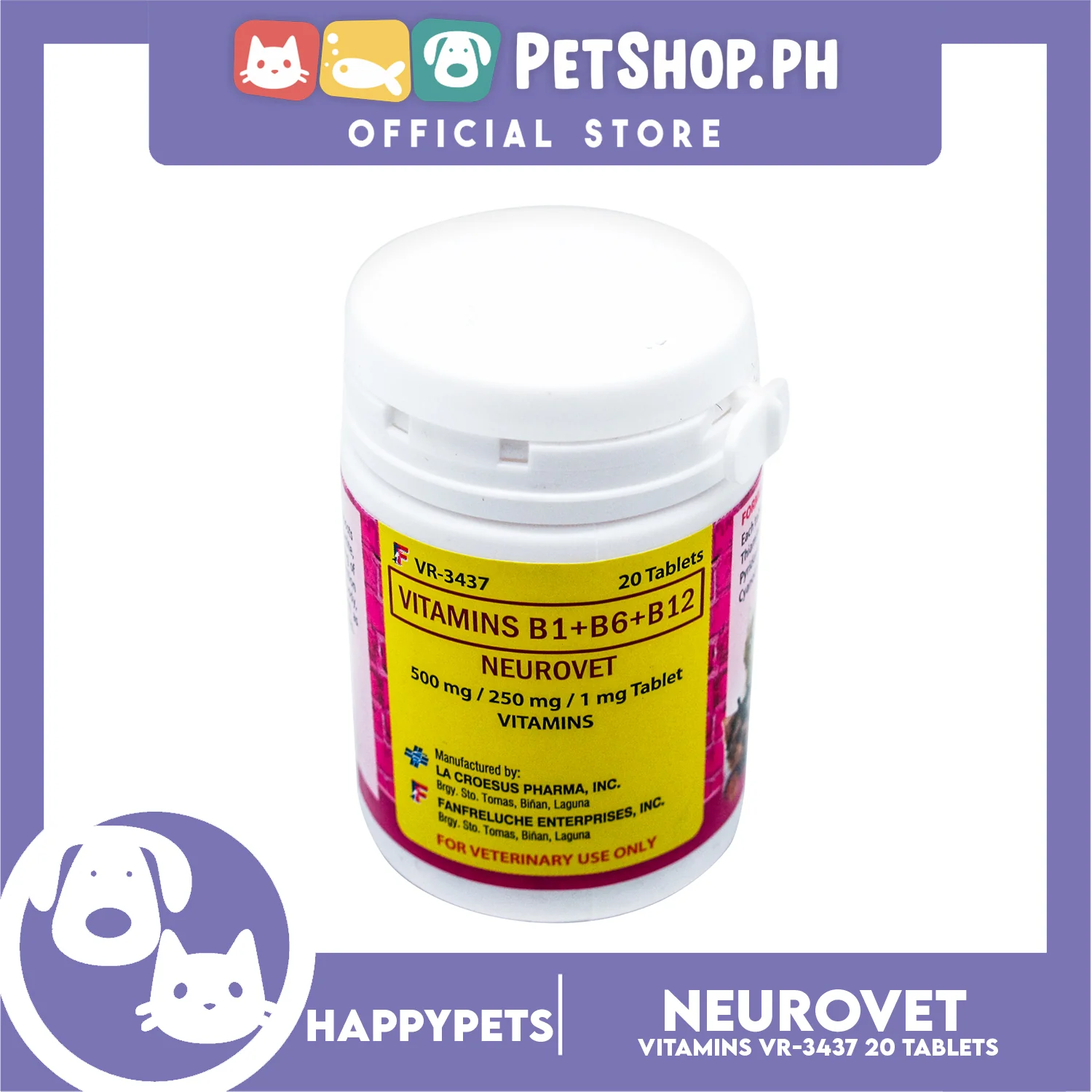 Happy Pets Neurovet Vitamins B1 + B6 + B12 20 Tablets for Dogs and Cats - Image 2