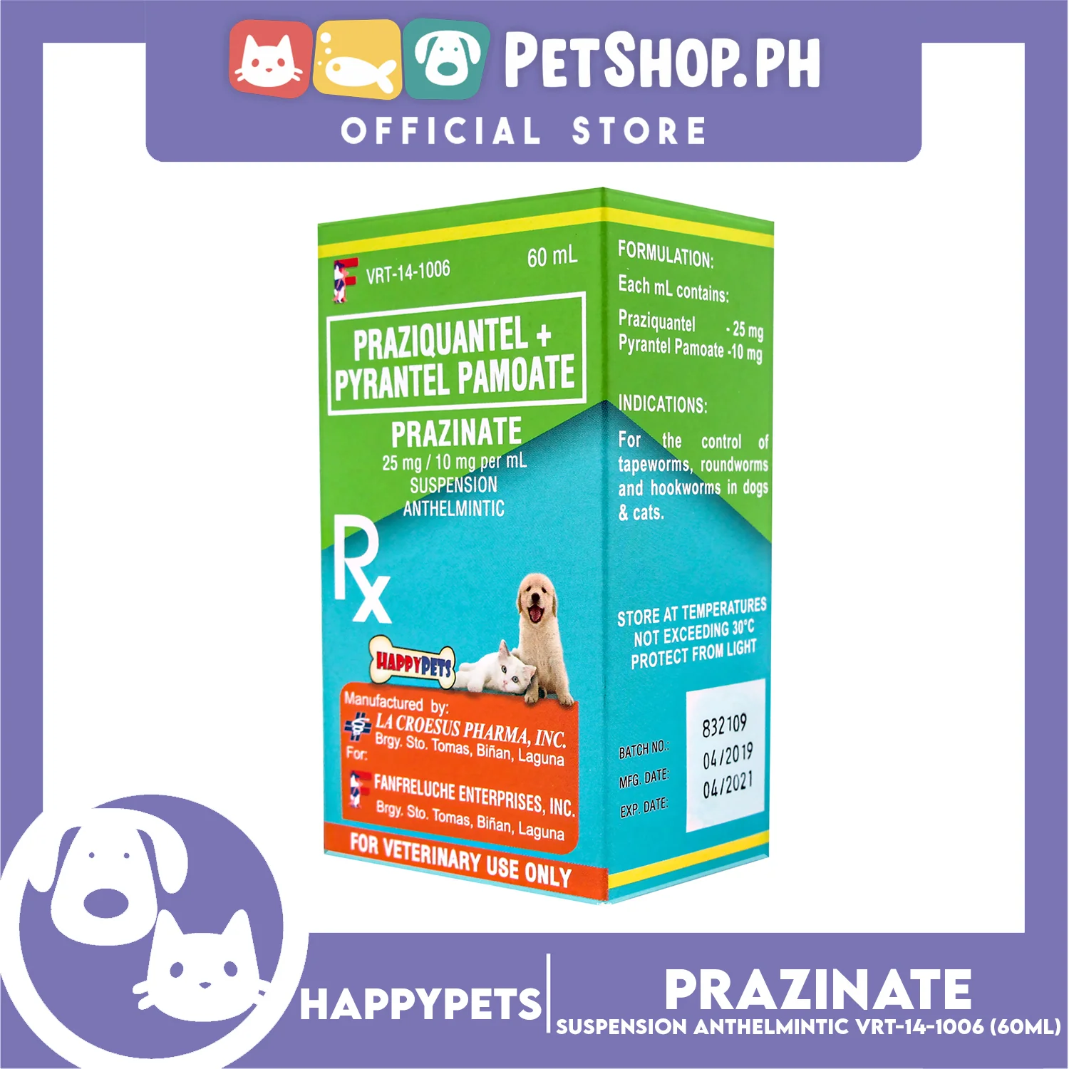 Happy Pets Prazinate Praziquantel + Pyrantel Pamoate Suspension Anthelmintic VRT-14-1006 60ml - Image 3