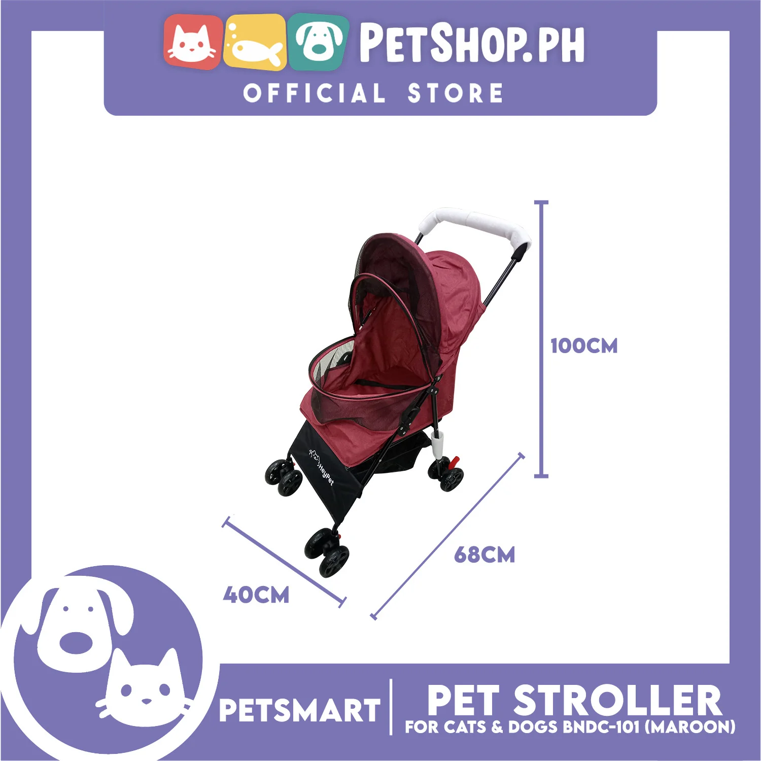 HeyPet Pet Stroller / Carrier Four Wheel Foldable Stroller for Pet Cat & Dog (Maroon) BNDC-101 - Image 2