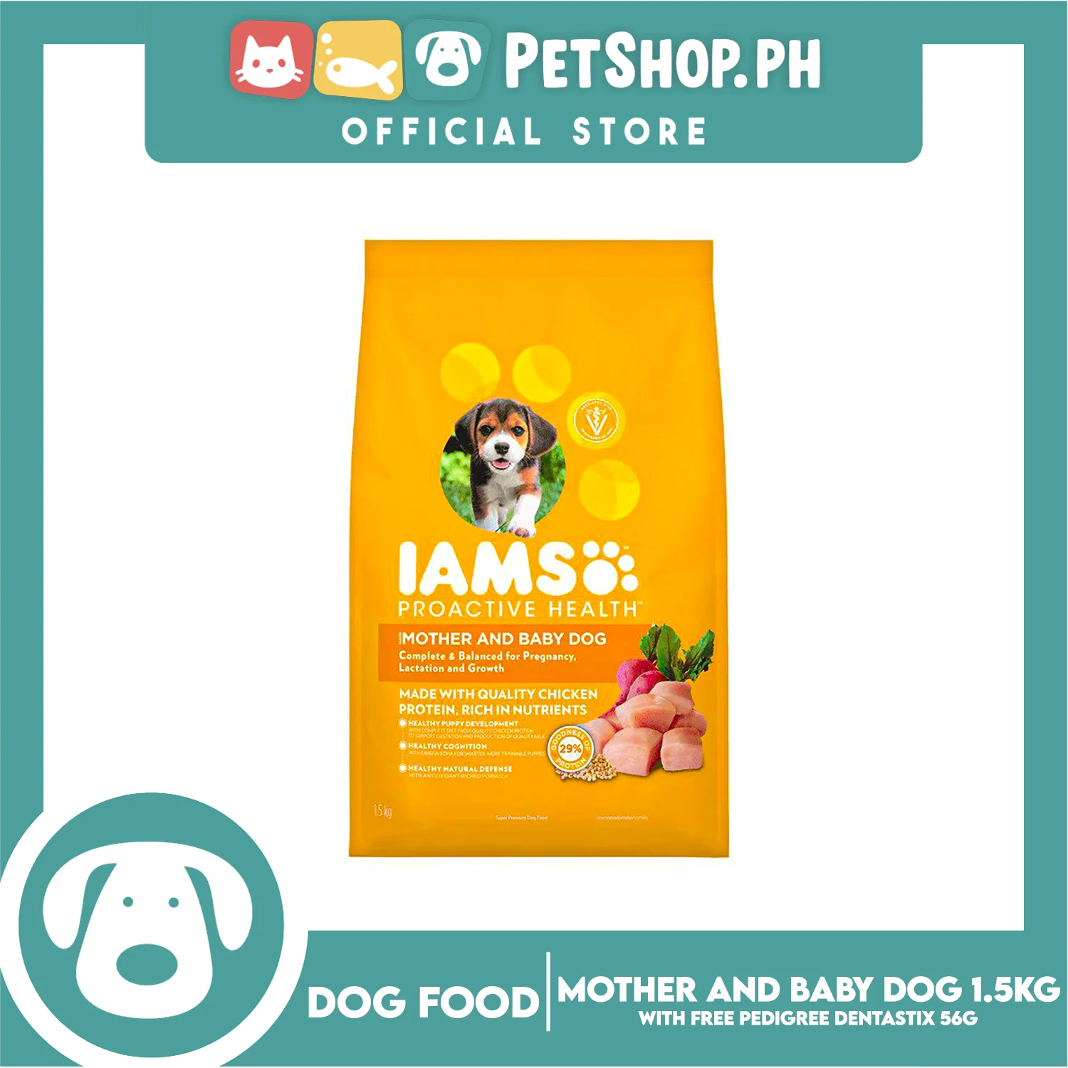 IAMS Pro-Active Health, Mother And Baby Dog Complete And Balanced Nutrition For Pregnancy, Lactation And Growth 1.5kg (Chicken) Premium Dog Food, Dog Dry Food With Free Pedigree Dentastix Puppy 7 Sticks For 4-12 Months - Image 4