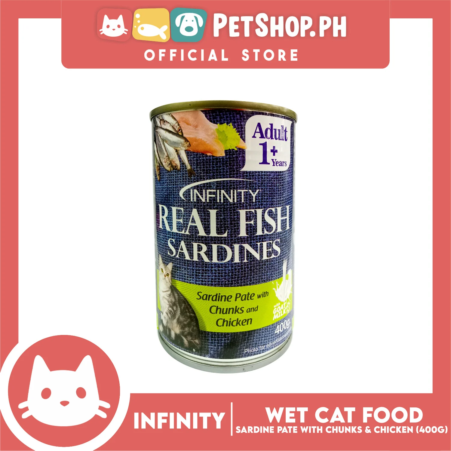 Infinity Real Fish Sardines Adult Cat Can Wet Food (Sardine Pate with Chunks and Chicken) 400g - Image 2
