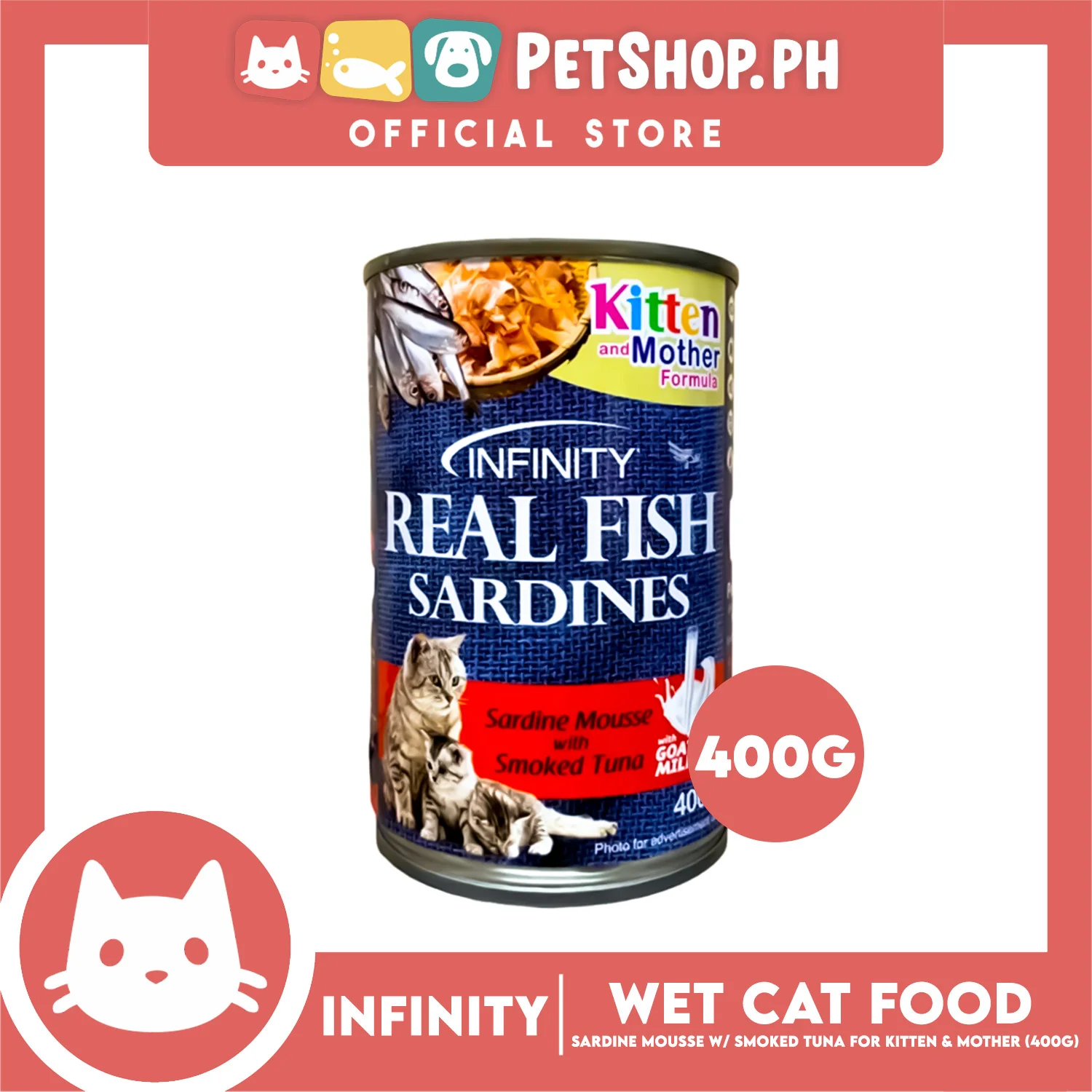 Infinity Real Fish Sardines Kitten and Mother Cat Can Wet Food (Sardine Mousse w/ Smoked Tuna) 400g