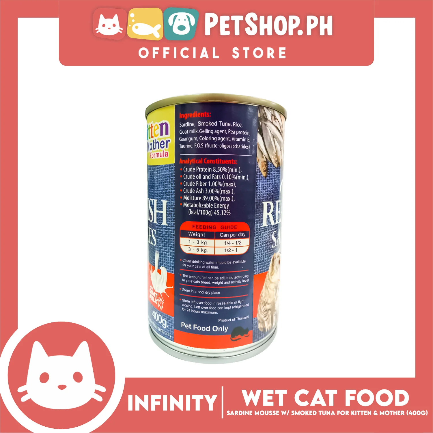 Infinity Real Fish Sardines Kitten and Mother Cat Can Wet Food (Sardine Mousse w/ Smoked Tuna) 400g - Image 3