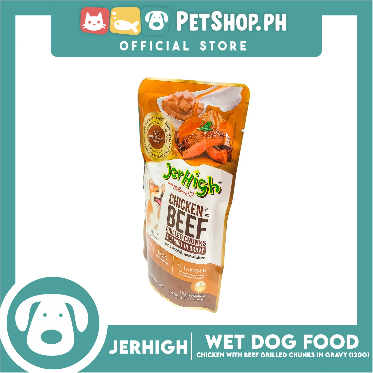 Jerhigh Chicken with Beef Grilled Chunks and Carrot in Gravy Pouch Dog Wet Food 120g - Image 3