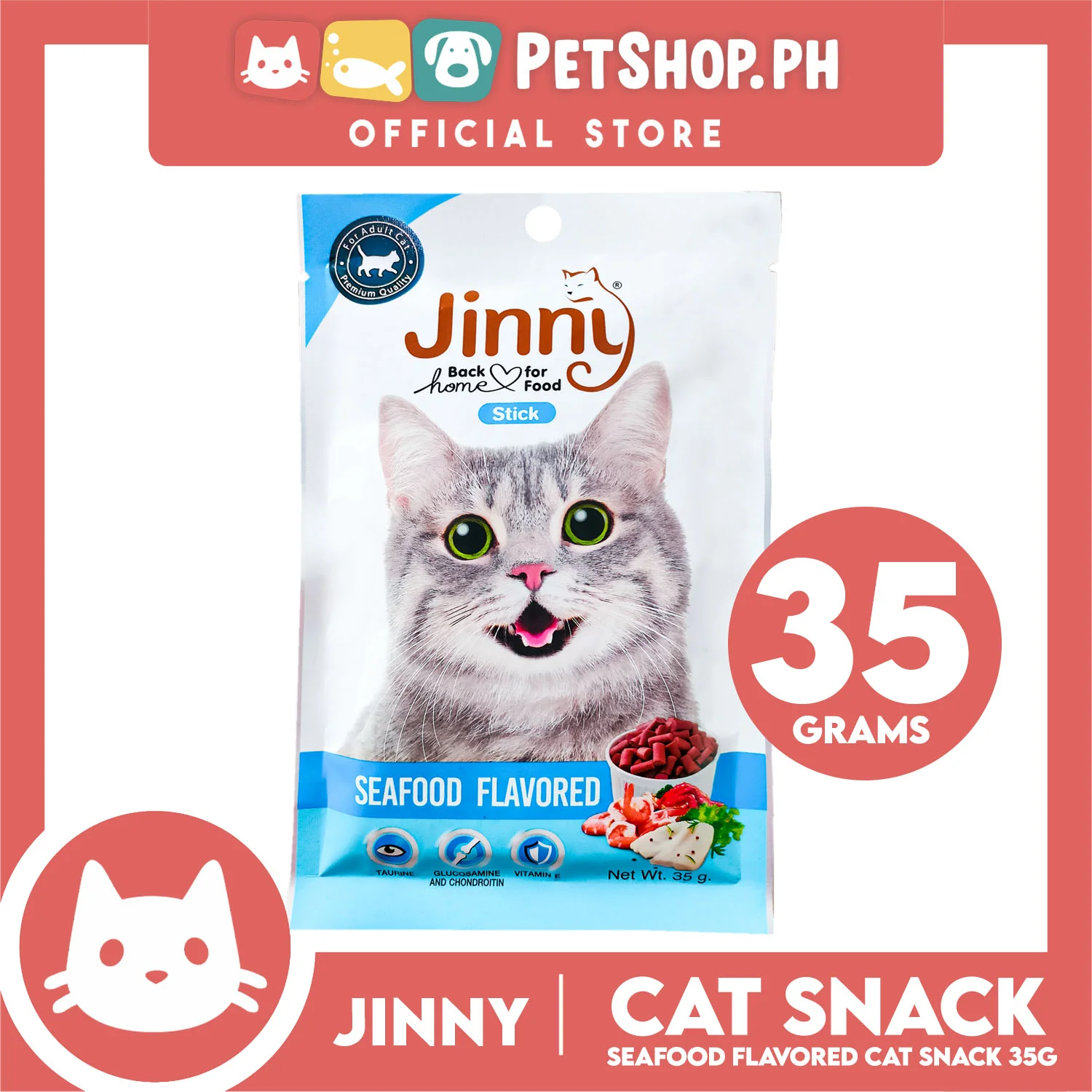 Jinny Cat Stick Treats 35g (Seafood Flavored) Cat Food, Cat Snacks