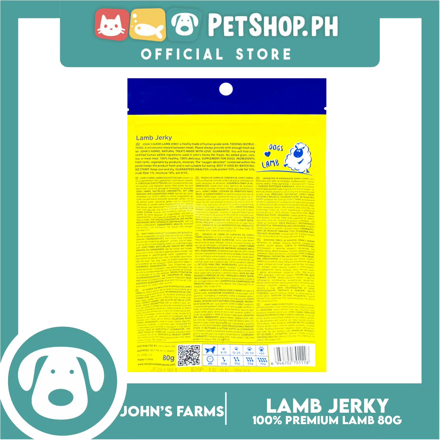 John's Farms Dog Food, High Protein For Dogs Of All Sizes, Resealable Zipper 80g (Lamb Jerky) Dog Treats - Image 2