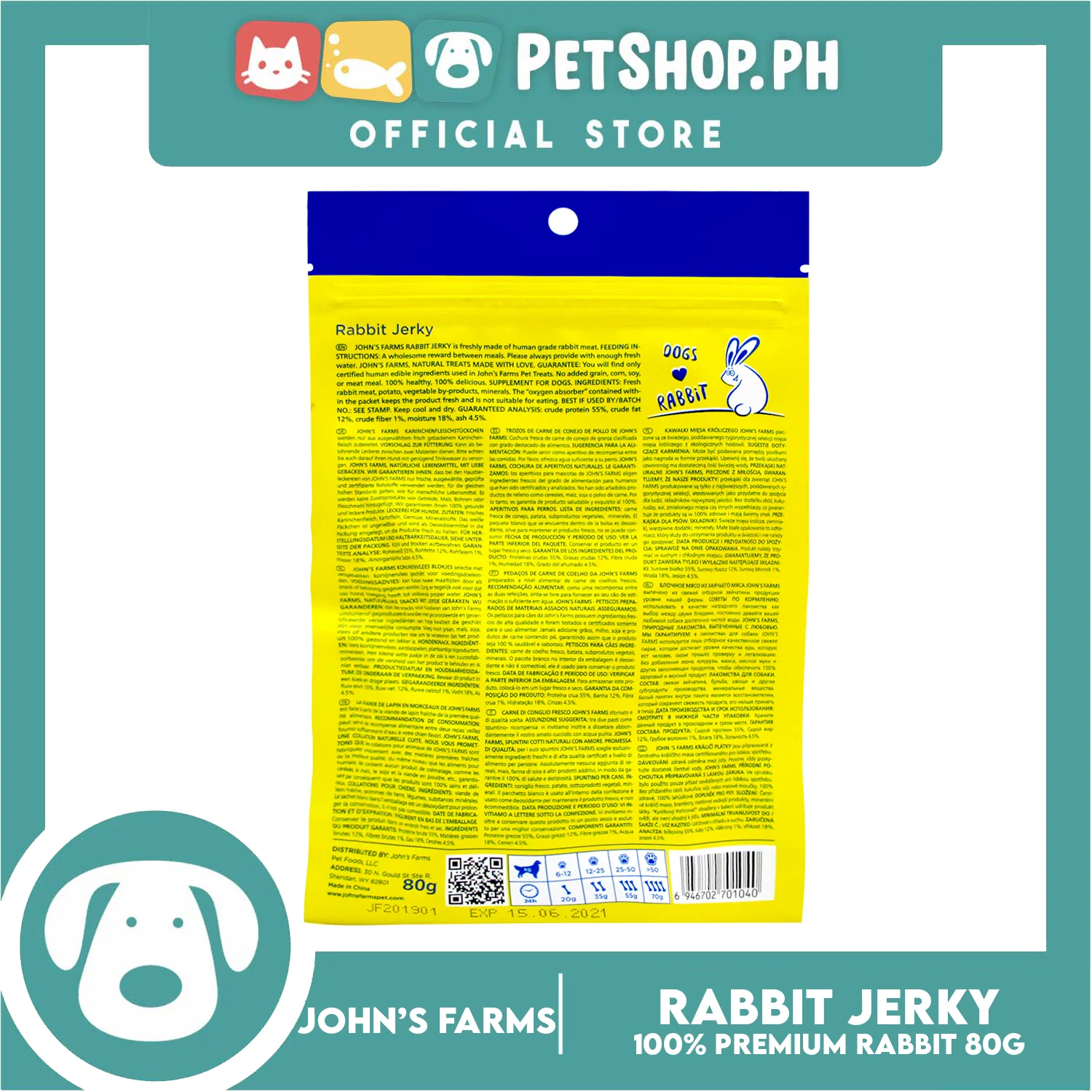 John's Farms Dog Food, High Protein For Dogs Of All Sizes, Resealable Zipper 80g (Rabbit Jerky) Dog Treats - Image 2