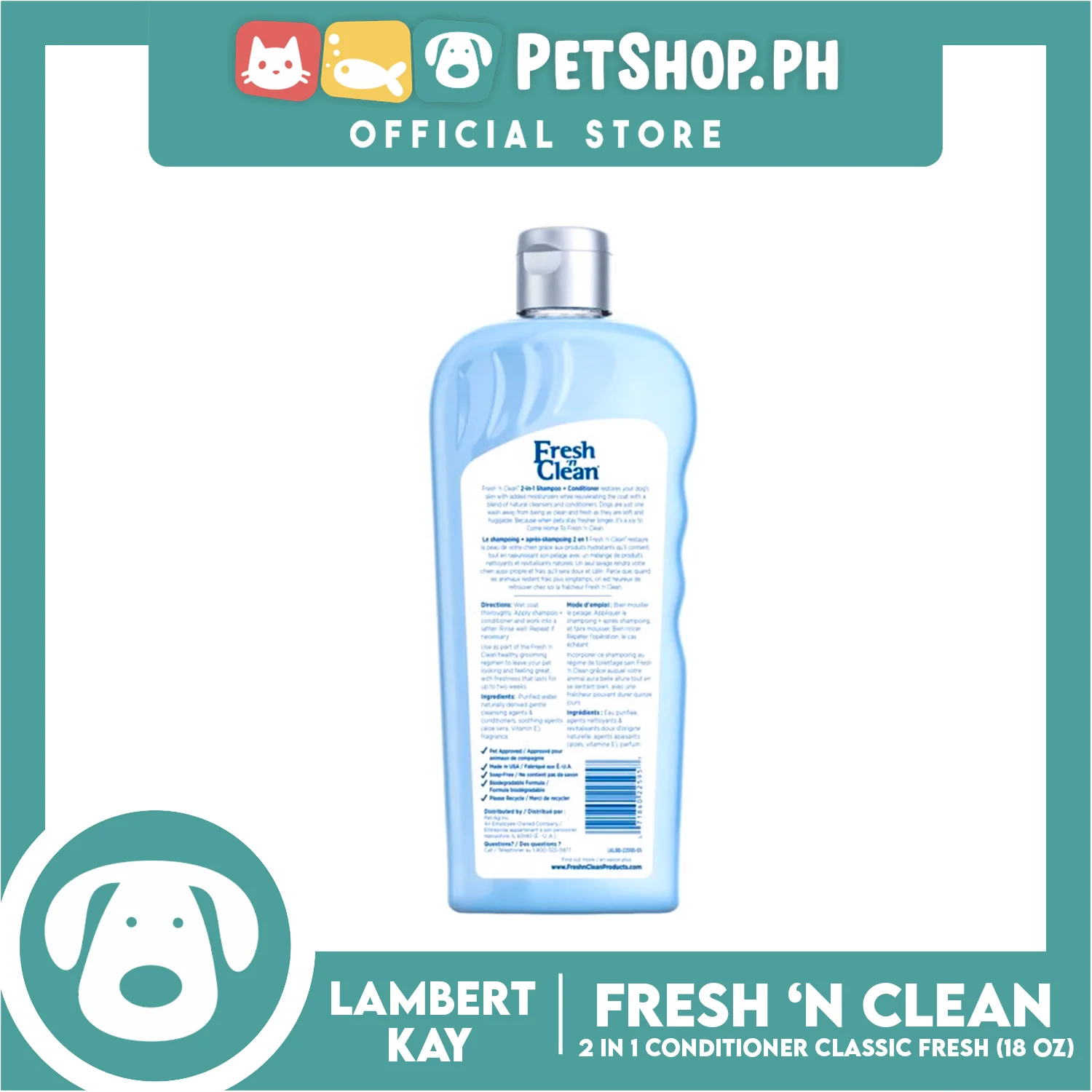 Lambert Kay Fresh 'N Clean 2-in-1 Dog Shampoo and Conditioner, Baby Powder Scent 18oz (Classic Fresh) - Image 2