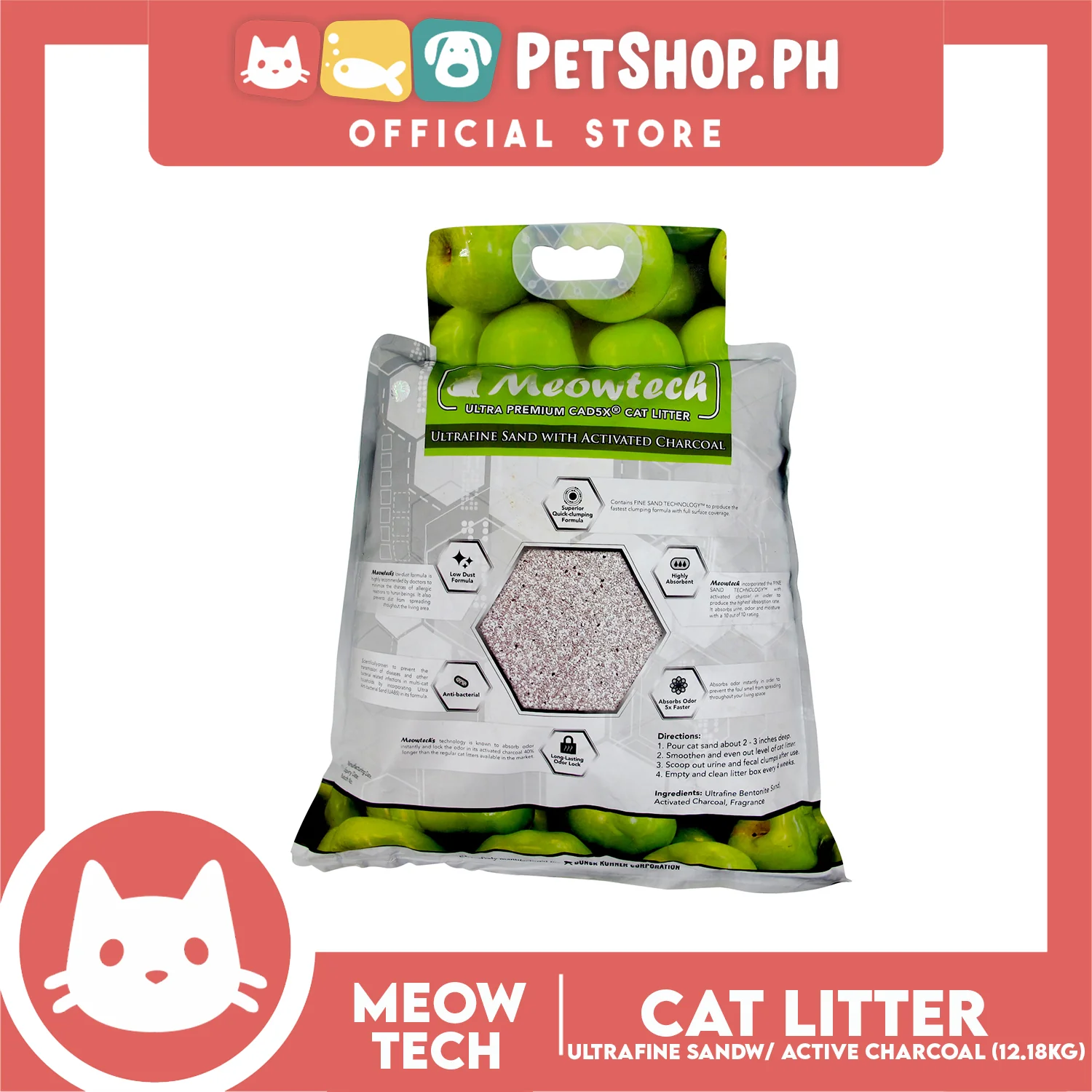 Meowtech Ultra Premium Cat Litter 12.18L (Green Apple Scent) Ultra-Fine Sand with Activated Charcoal - Image 4