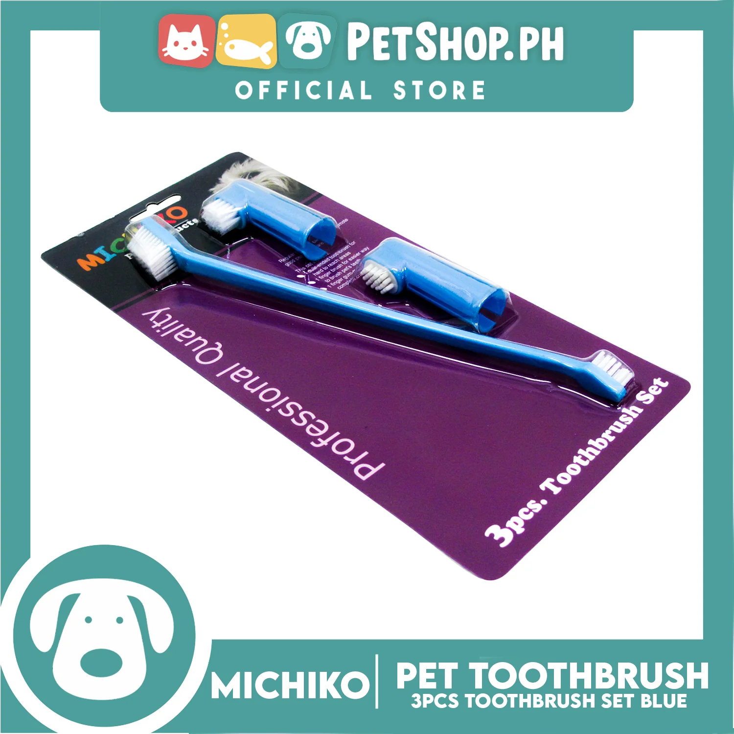 Michiko 3pcs Pet Toothbrush Set (Blue) Pet Finger Brush, Pet Finger Gum Massager, Pet Dental Care - Image 2