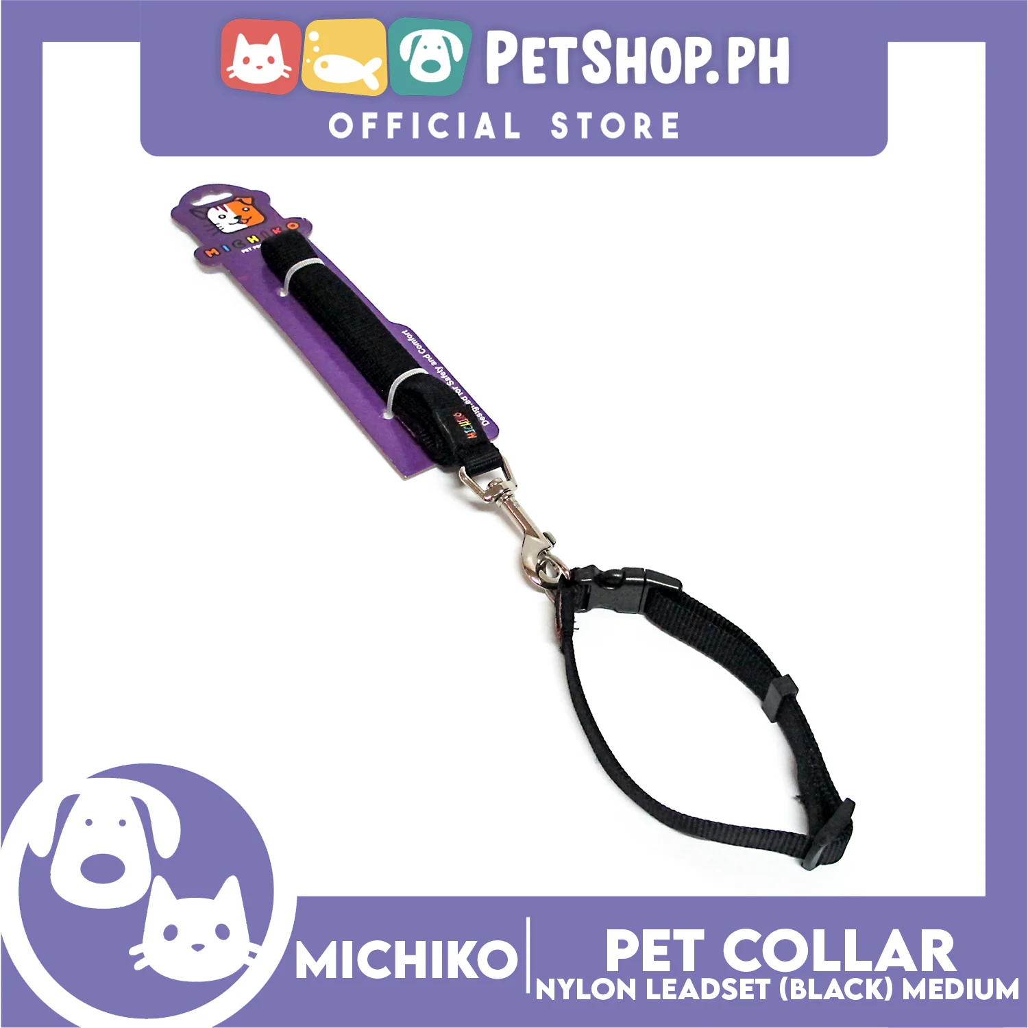 Michiko Nylon Collar Lead Set Black (Medium) Dog Pet Collar - Image 2