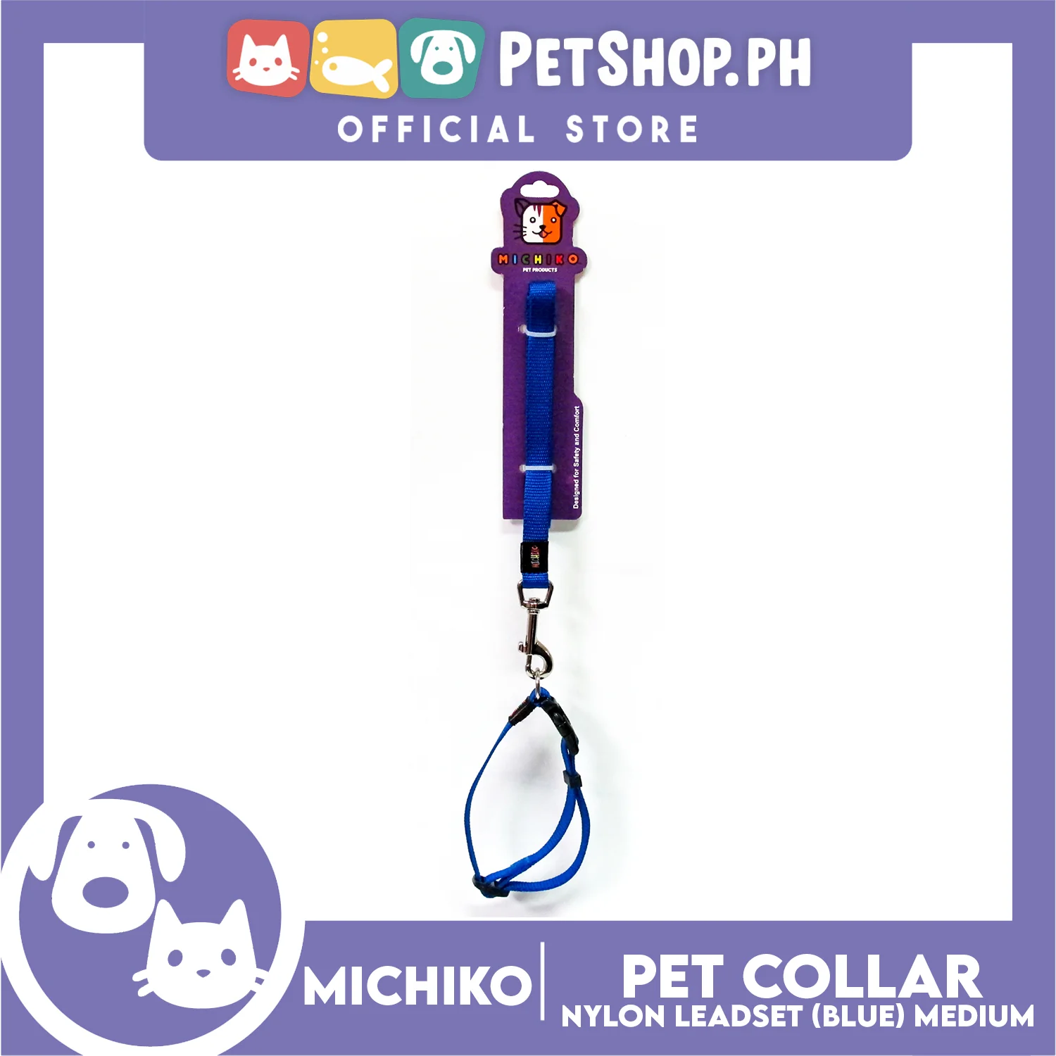 Michiko Nylon Collar Lead Set Blue (Medium) Dog Pet Collar - Image 3