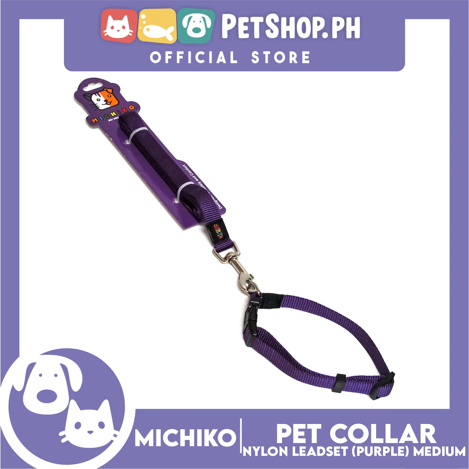 Michiko Nylon Collar Lead Set Purple (Medium) Dog Pet Collar