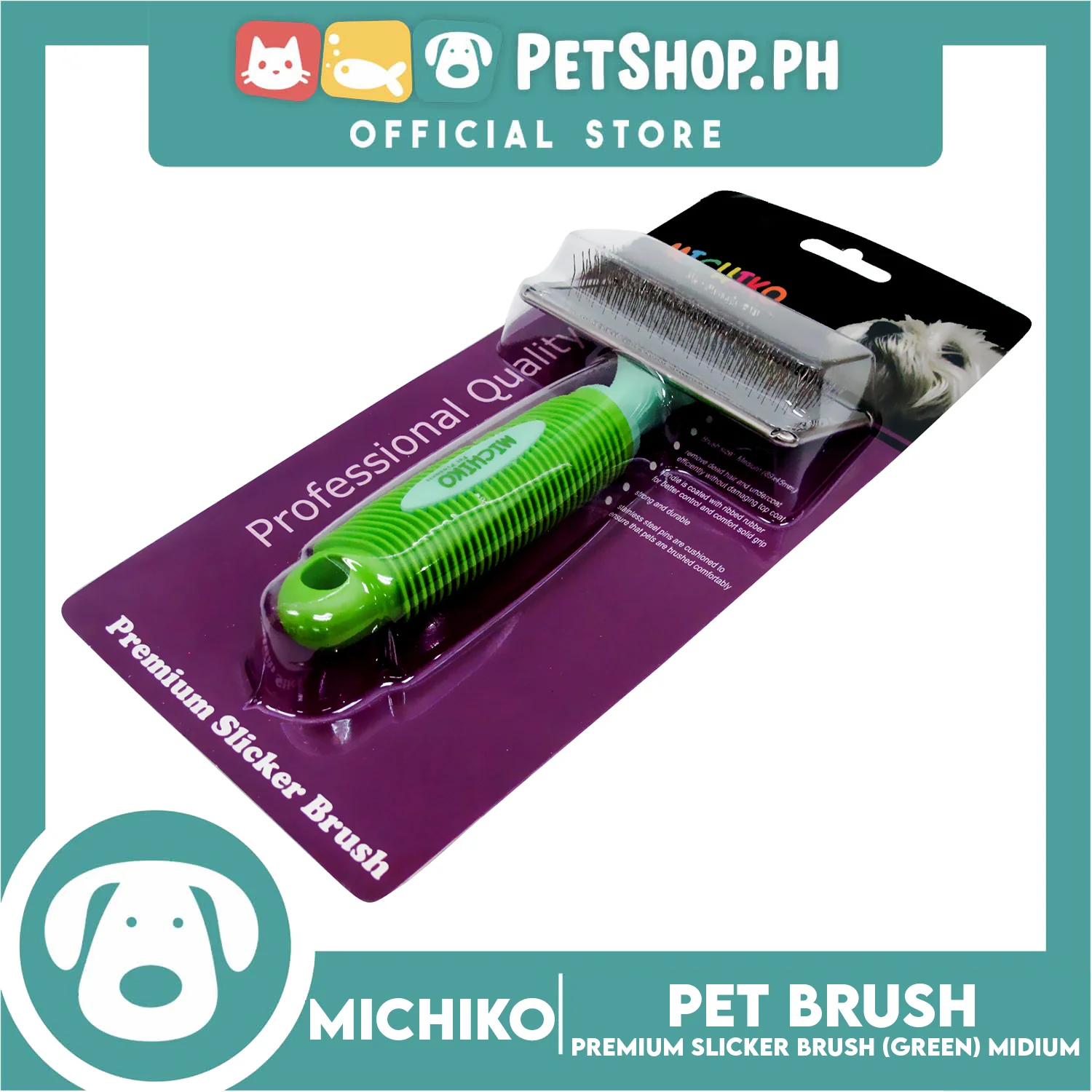 Michiko Premium Slicker Brush Green Color (Medium) Pet Brush, Pet Grooming - Image 2
