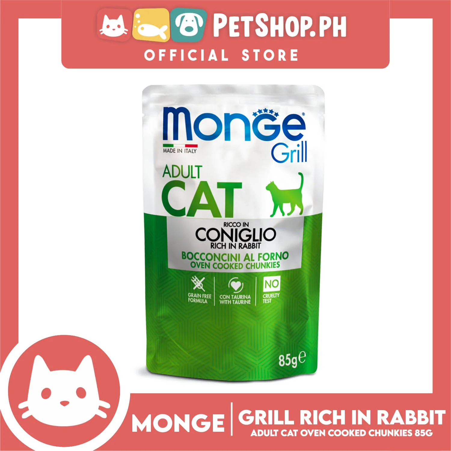 Monge Jelly Cat Pouch Grill For Adult Cats 85g (Coniglio, Rich In Rabbit) Cat Wet Food, Cat Pouch Food - Image 3