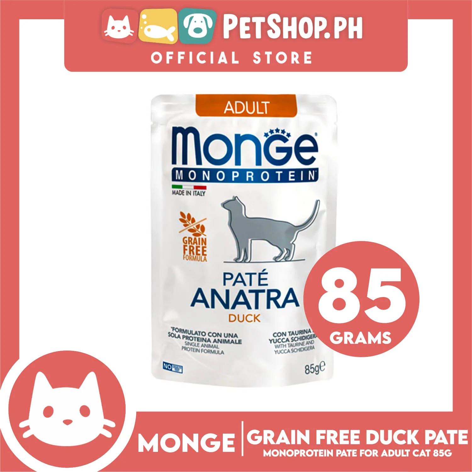 Monge Monoprotein Pate Wet Cat Food In Pouch For Adult, Grain Free 85g (Pate Anatra, Duck)