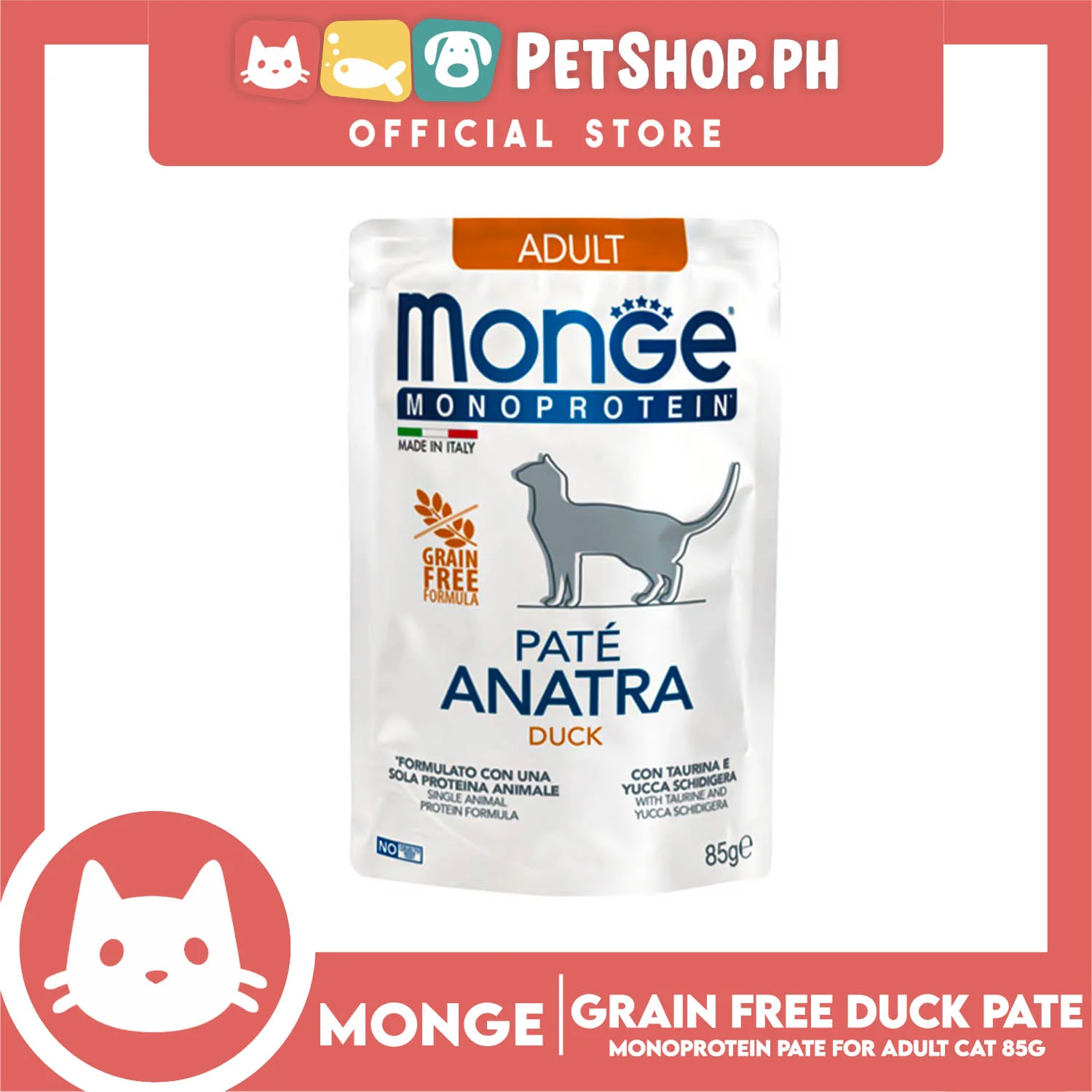 Monge Monoprotein Pate Wet Cat Food In Pouch For Adult, Grain Free 85g (Pate Anatra, Duck) - Image 2